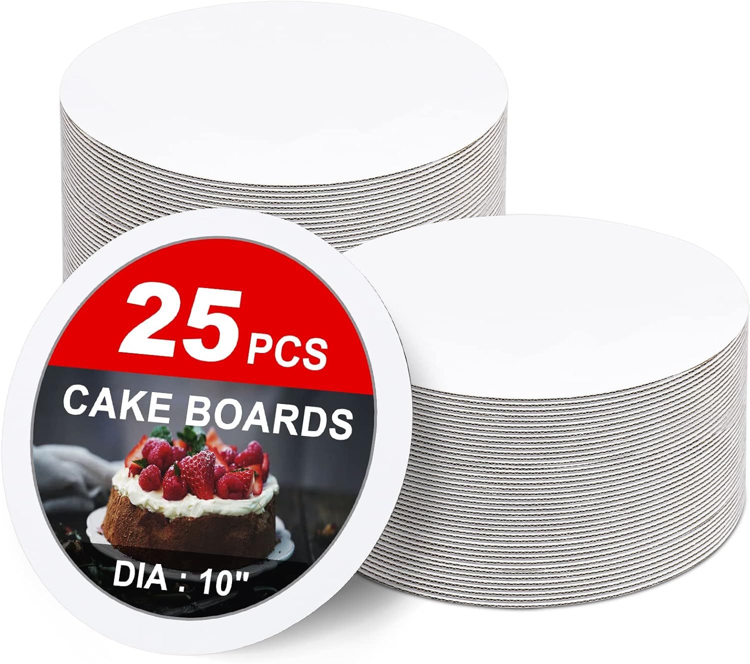 Shows the core product (25-piece set of 10-inch cake boards) stacked to communicate quantity and value to bakers and cake decorators. Displays the circular product label showing quantity (25…