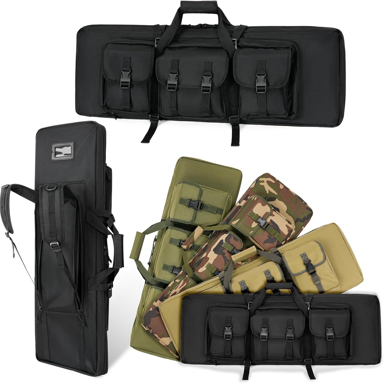 Shows multiple color and pattern options available for the tactical rifle bag, allowing shoppers to see the variety of choices they can select from.