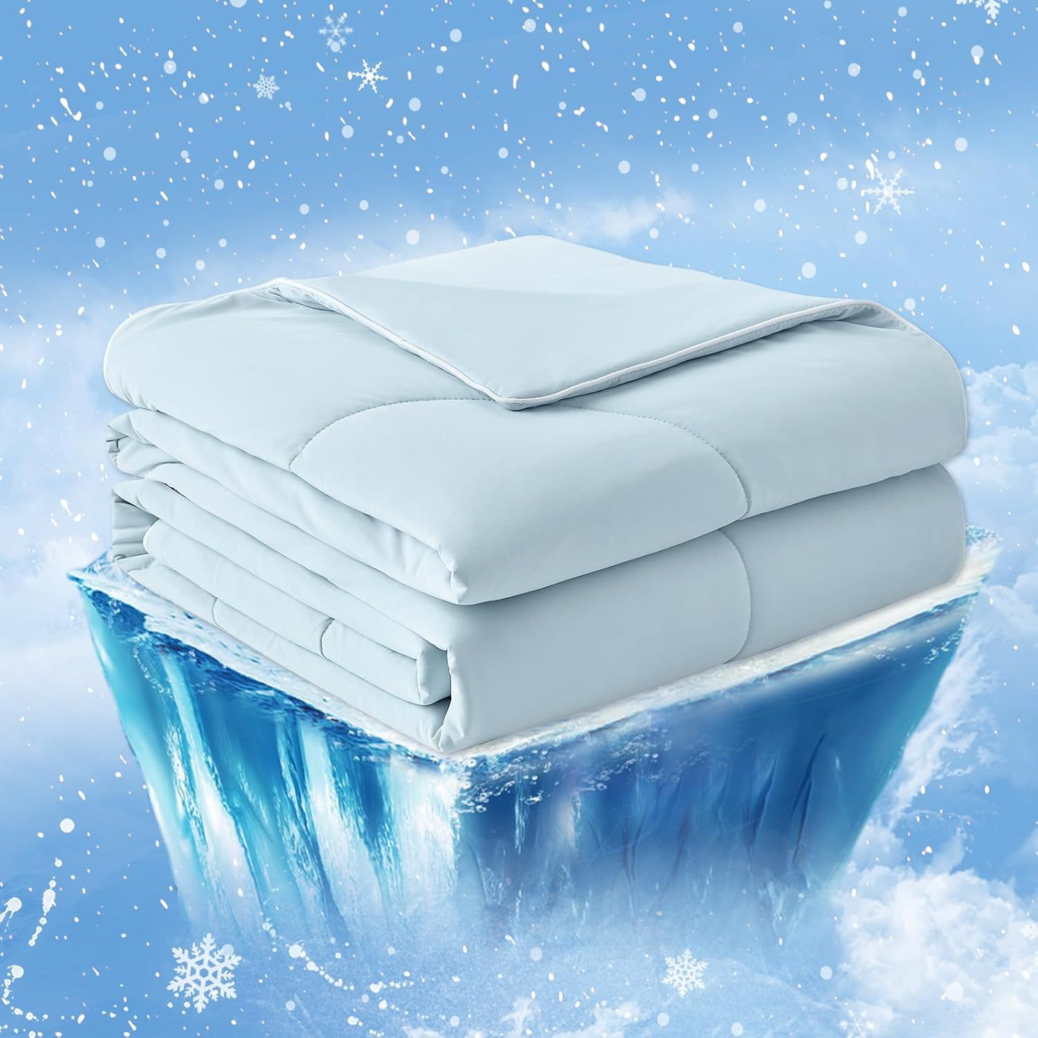 Communicates the product's cooling properties through visual metaphor of ice and snow, reassuring shoppers that this bedding will keep them cool and comfortable during sleep. Uses dramatic visual…