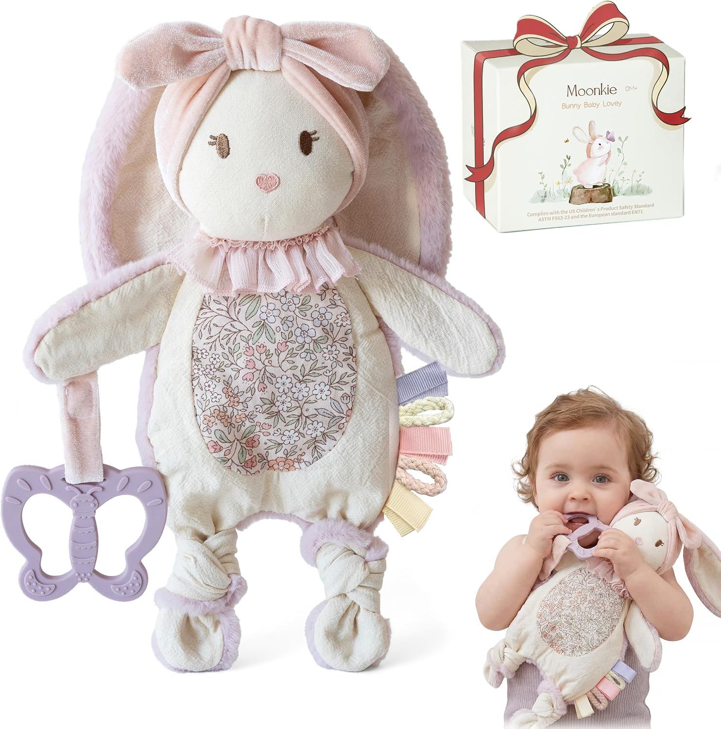 Displays the core product—a soft plush bunny toy with sensory ribbons and teething features—to show parents what they are purchasing for their baby. Shows the included butterfly teether accessory…