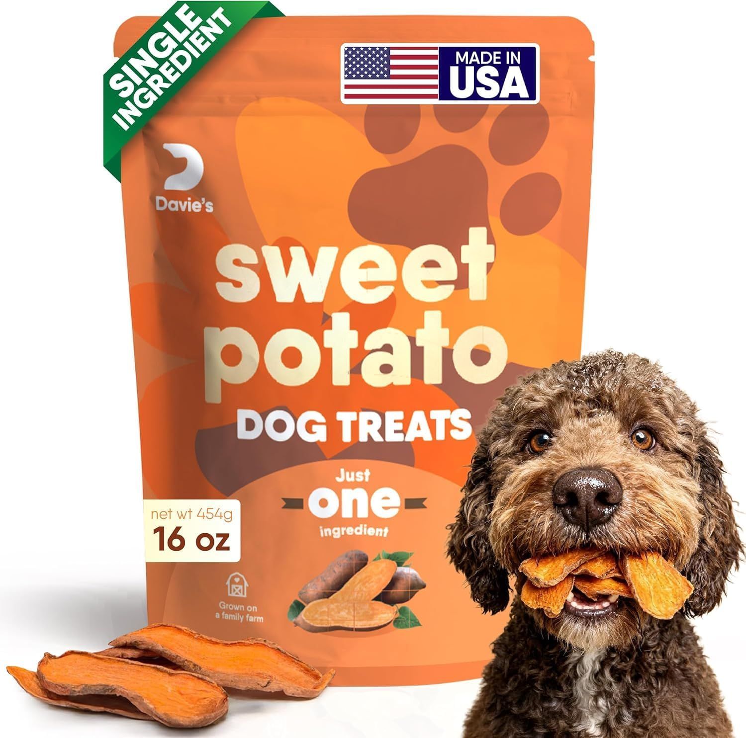 Displays the core product (sweet potato dog treats) with clear packaging and branding to communicate the single-ingredient, USA-made quality to pet owners. Shows a real dog actively enjoying the…