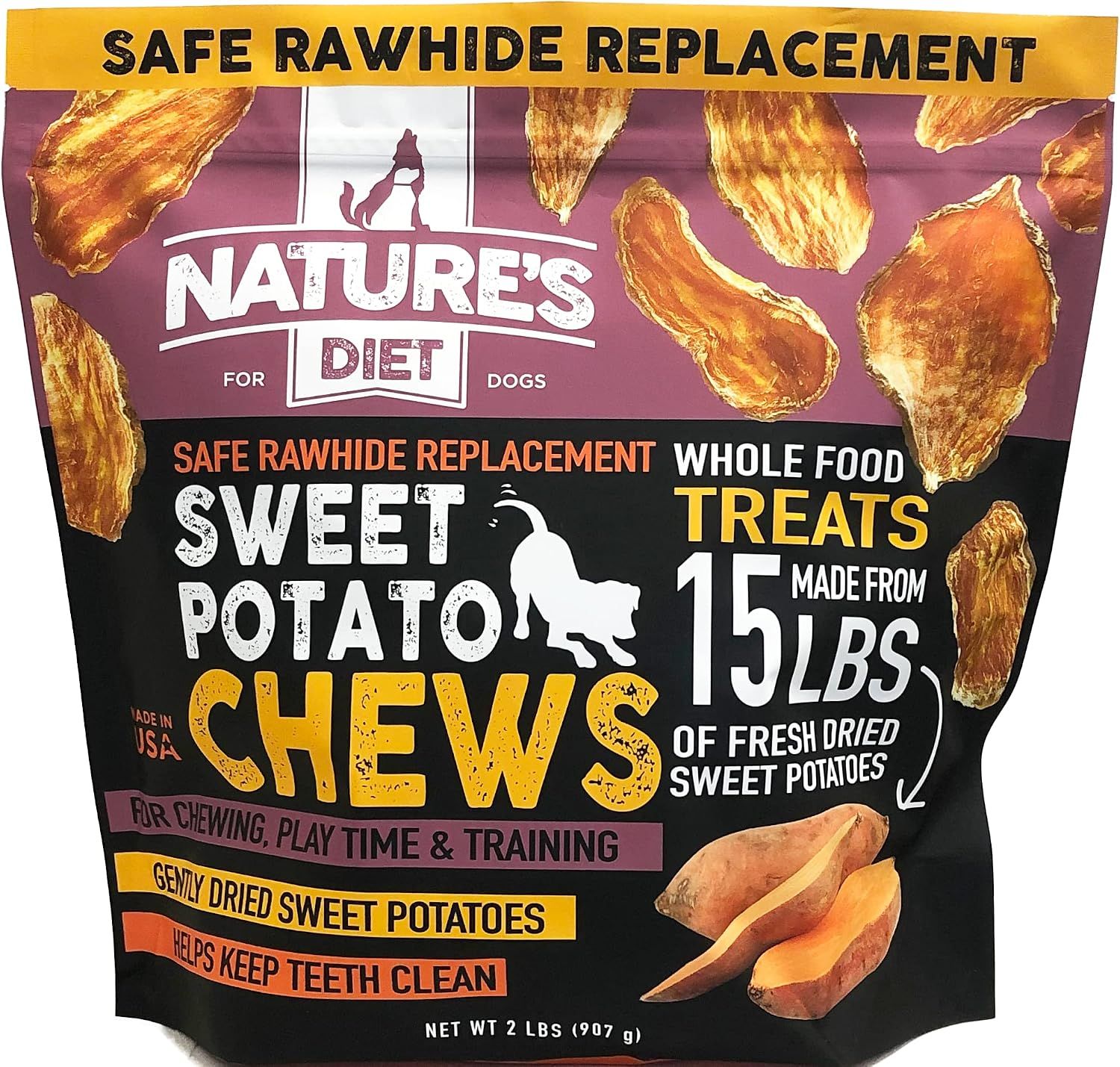 Displays the dog treat product packaging to communicate that these sweet potato chews are a safe, natural alternative to rawhide that helps keep teeth clean. Shows the retail package with detailed…