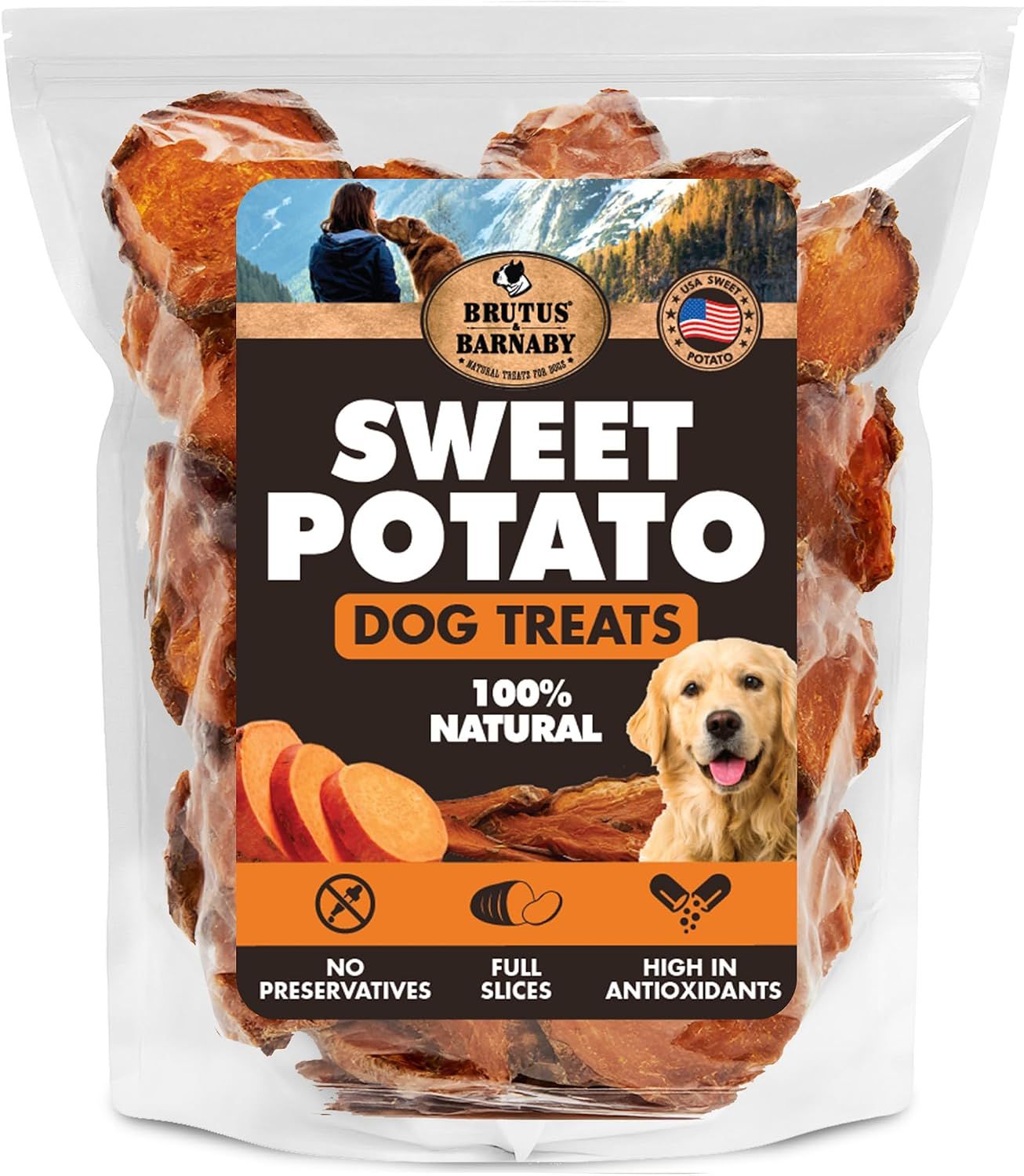 Shows the core sellable product—sweet potato dog treats in clear retail packaging—so shoppers can see exactly what they're buying and verify the natural appearance of the treats. Displays the…
