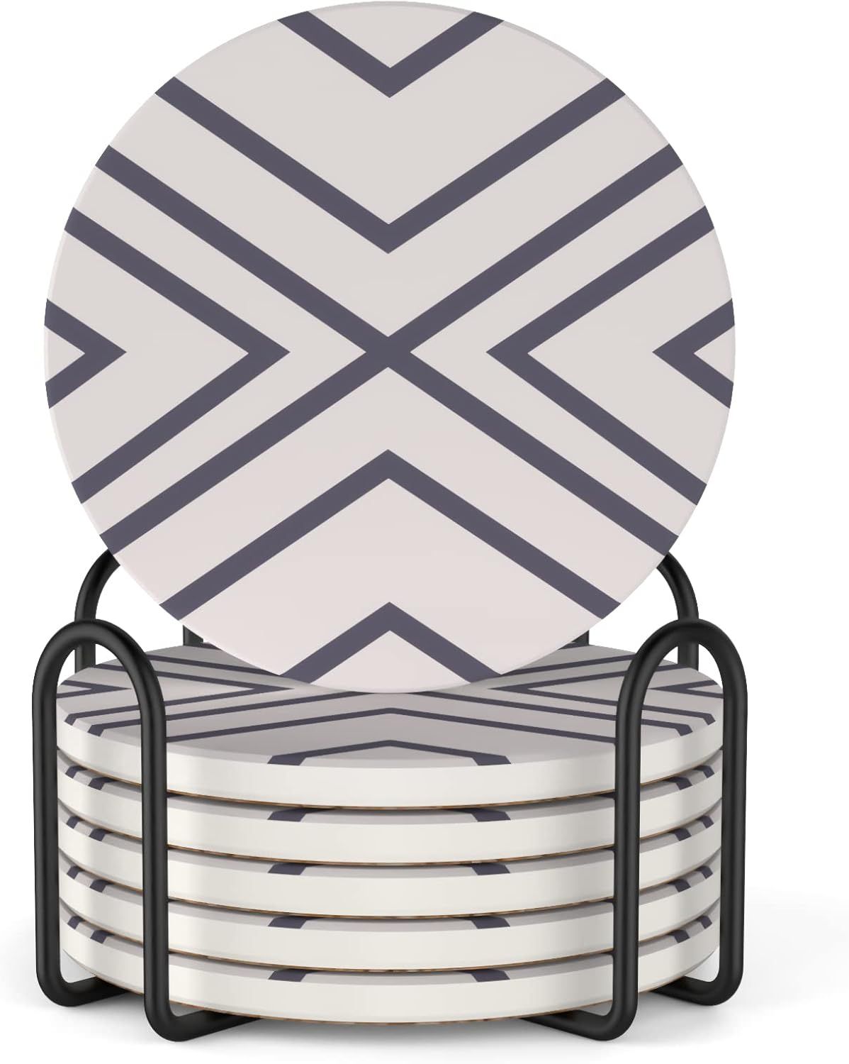 Displays the complete coaster set with its storage holder to show the shopper what they will receive, including the geometric pattern design and organizational accessory. Shows that the purchase…