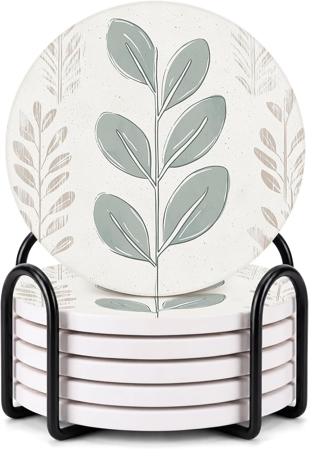 Displays the complete coaster set with its holder to show the shopper what they will receive, emphasizing the botanical design and organized storage solution. Shows that the product includes both…