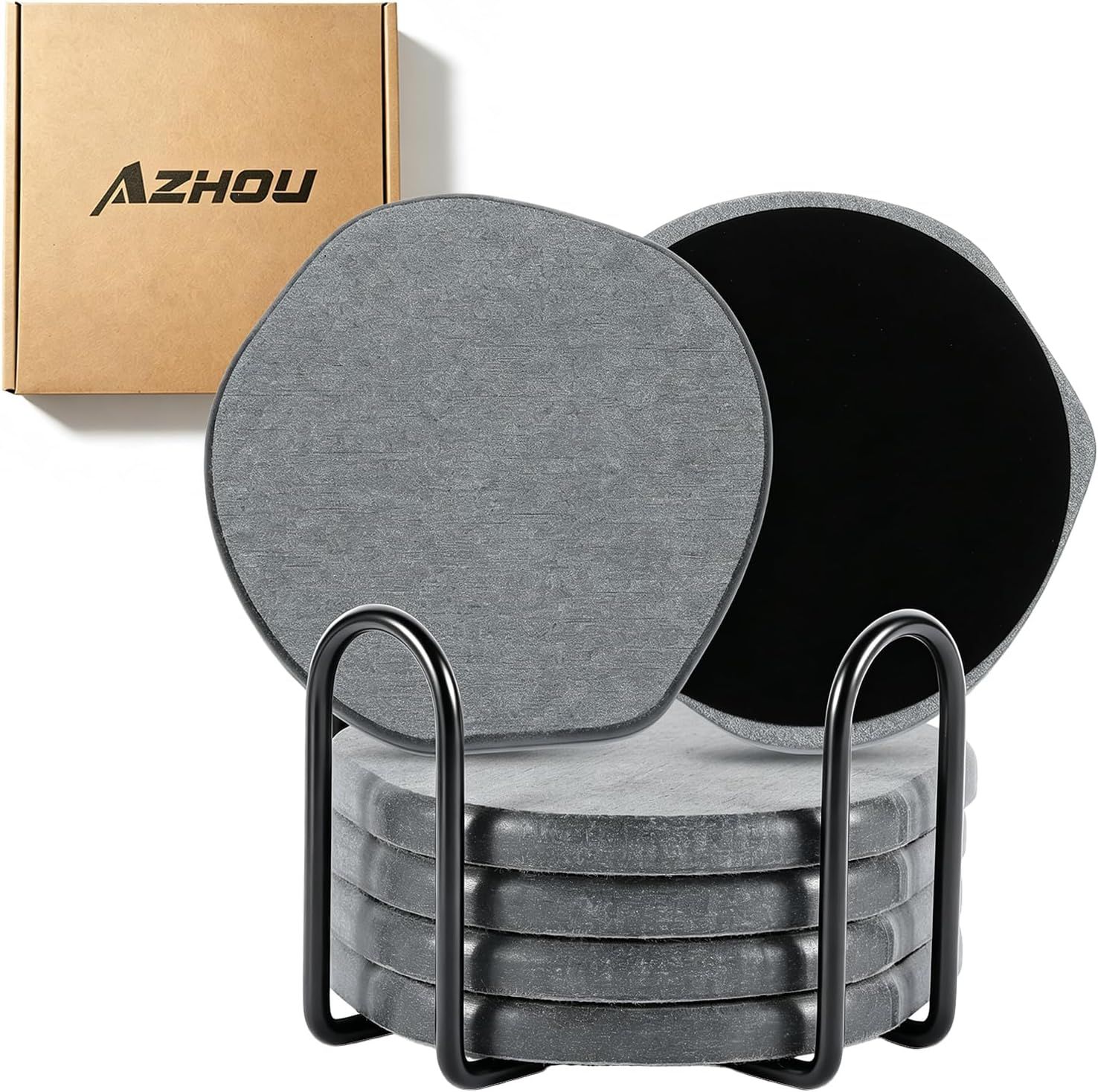 Displays the complete coaster set with its storage holder to show the shopper what is included and how the product looks when organized. Shows the branded retail packaging to reassure the shopper…