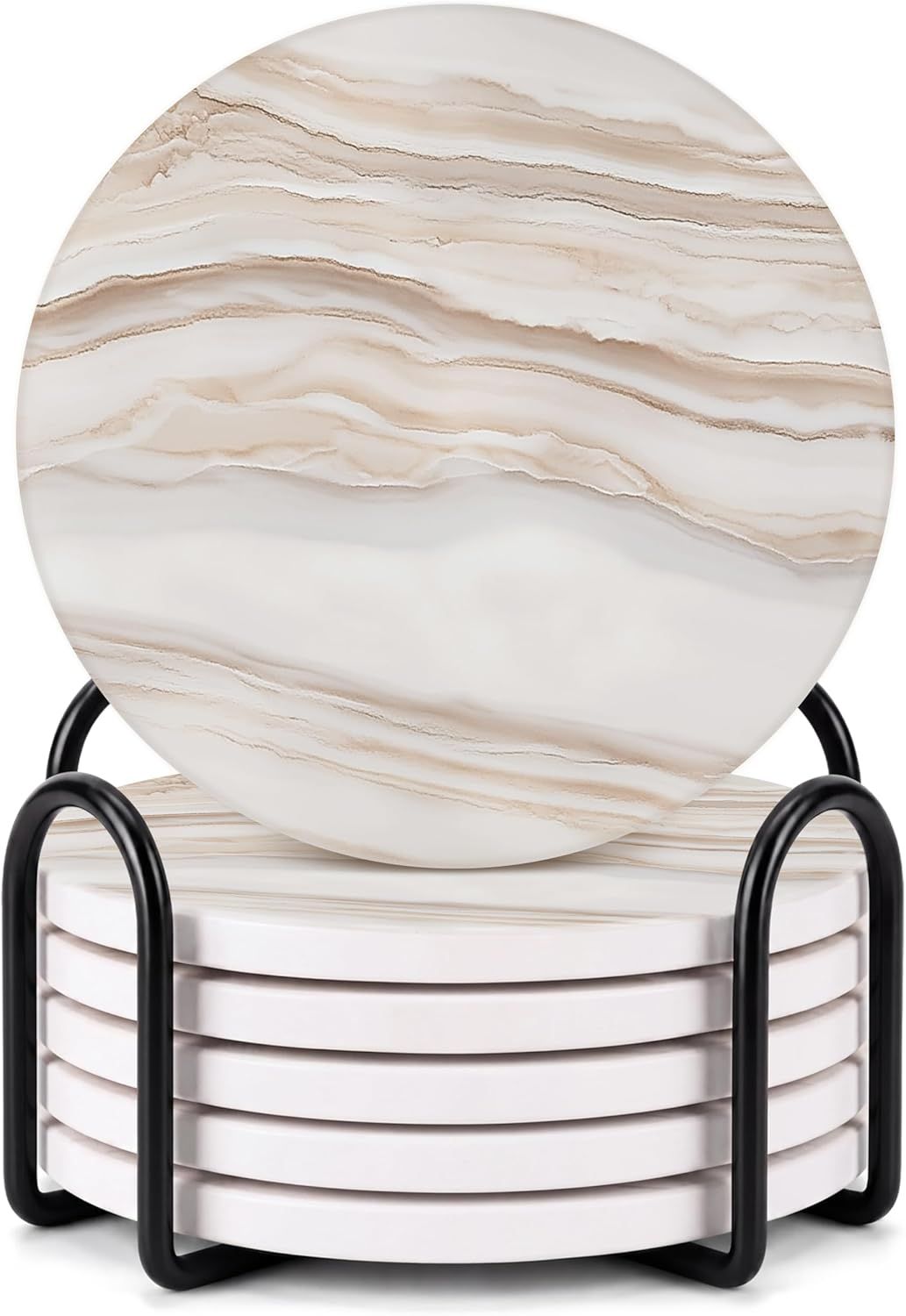 Displays the complete coaster set with its storage holder to show the shopper what they will receive, emphasizing the elegant marble design and organized storage solution.
