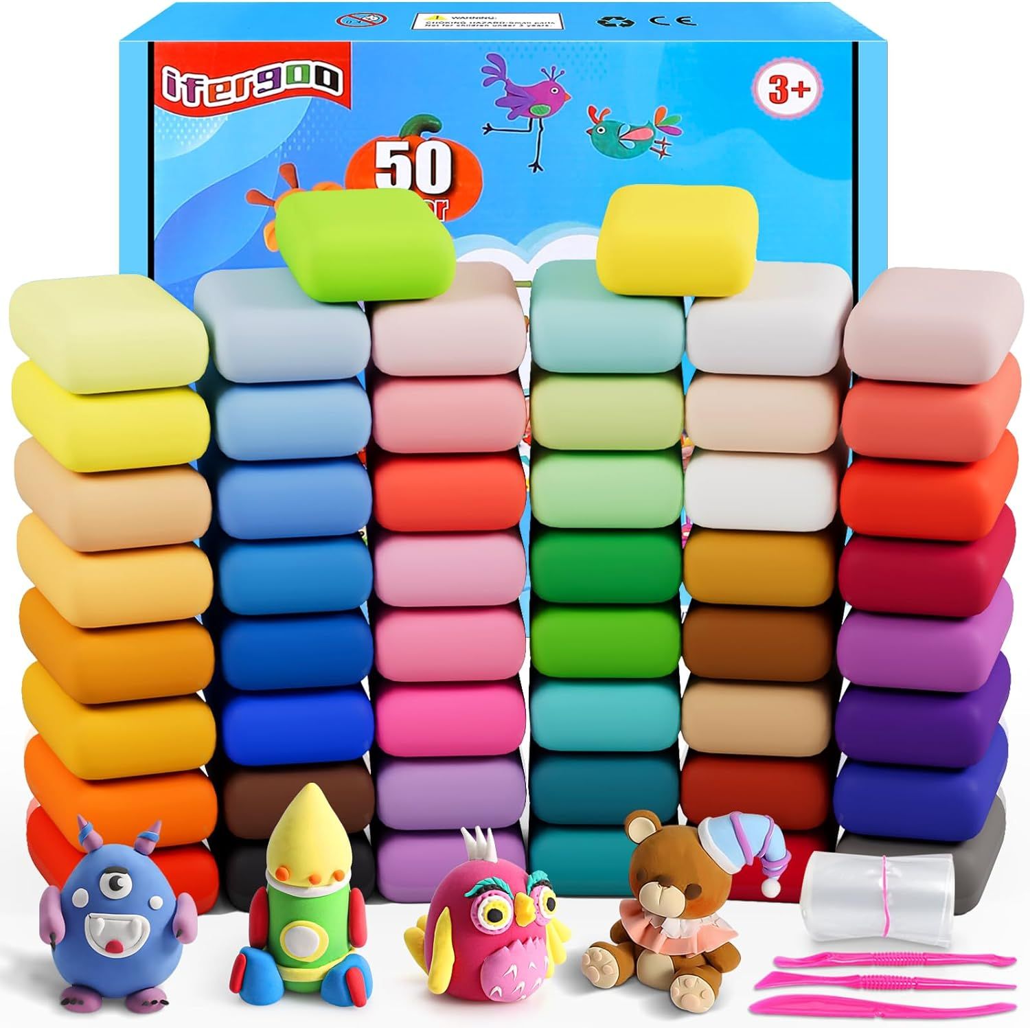 Shows the complete set of 50 colorful modeling clay pieces arranged in an organized display, communicating the variety and quantity included in the purchase. Demonstrates that the set includes bonus…