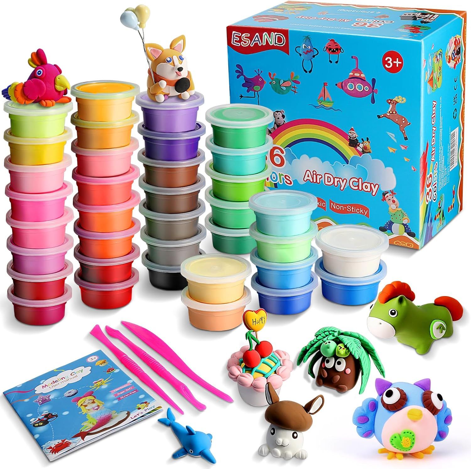 Shows the complete air dry clay set with all included colors, tools, and example creations to communicate the variety and creative possibilities of the product. Displays the colorful retail…