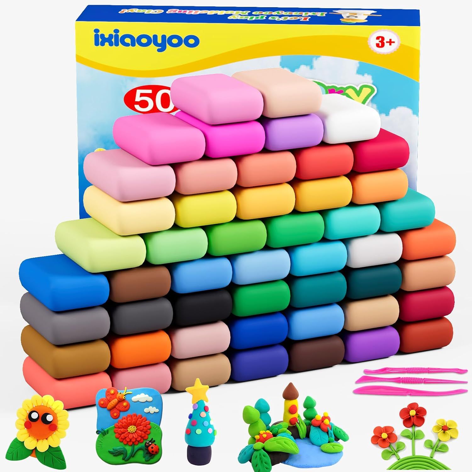 Displays the complete 50-piece modeling clay set in multiple colors to show the variety and quantity included, reassuring parents and kids of the creative possibilities. Shows the retail packaging…