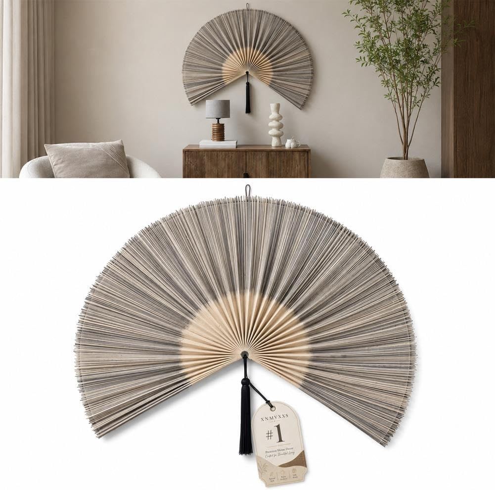 Shows the core product, a decorative fan-shaped wall hanging, both in a lifestyle setting and as a standalone item to help shoppers understand its appearance and design. Demonstrates how the fan…