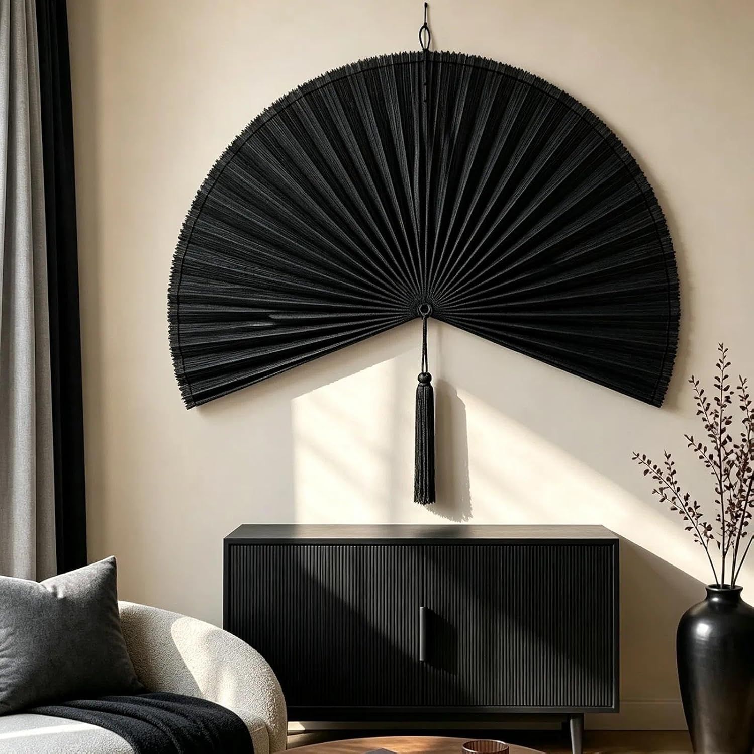 Shows the decorative wall fan as the core product in a styled home setting to communicate its aesthetic appeal and how it functions as wall decor. Demonstrates how the product looks when displayed…