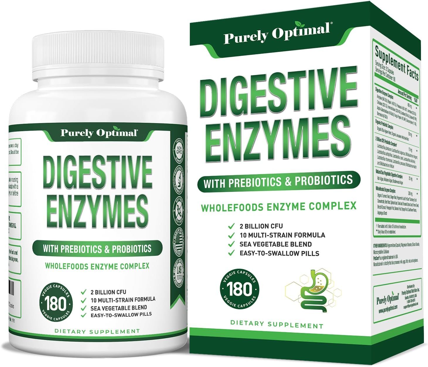 Displays the core sellable product - a bottle and box of digestive enzyme supplements - clearly showing the product name, key benefits, and quantity to help shoppers understand what they are…