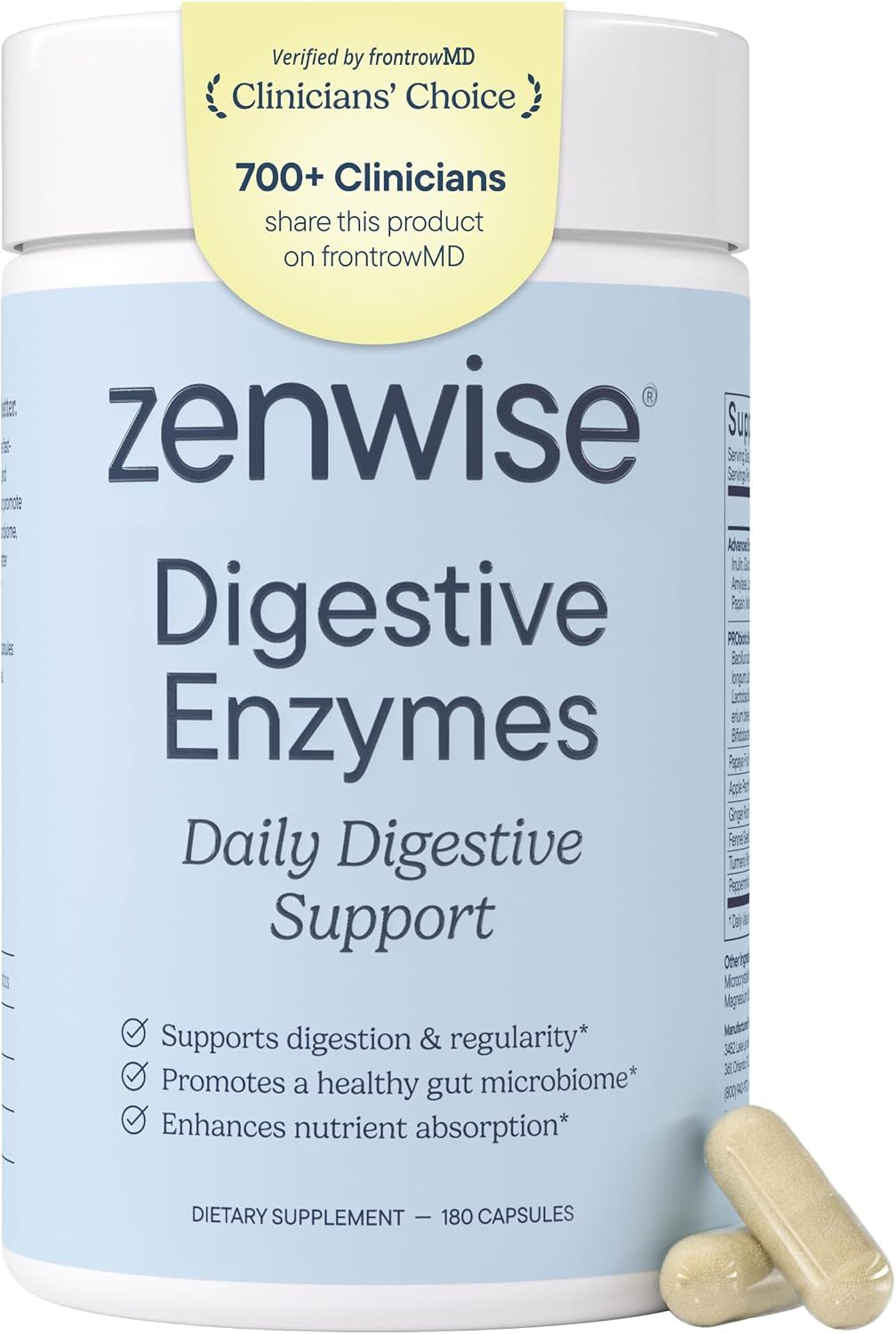 Displays the core product—a bottle of Zenwise Digestive Enzymes—clearly showing the brand, product name, and key benefits to help shoppers quickly identify what the supplement does and its clinician…