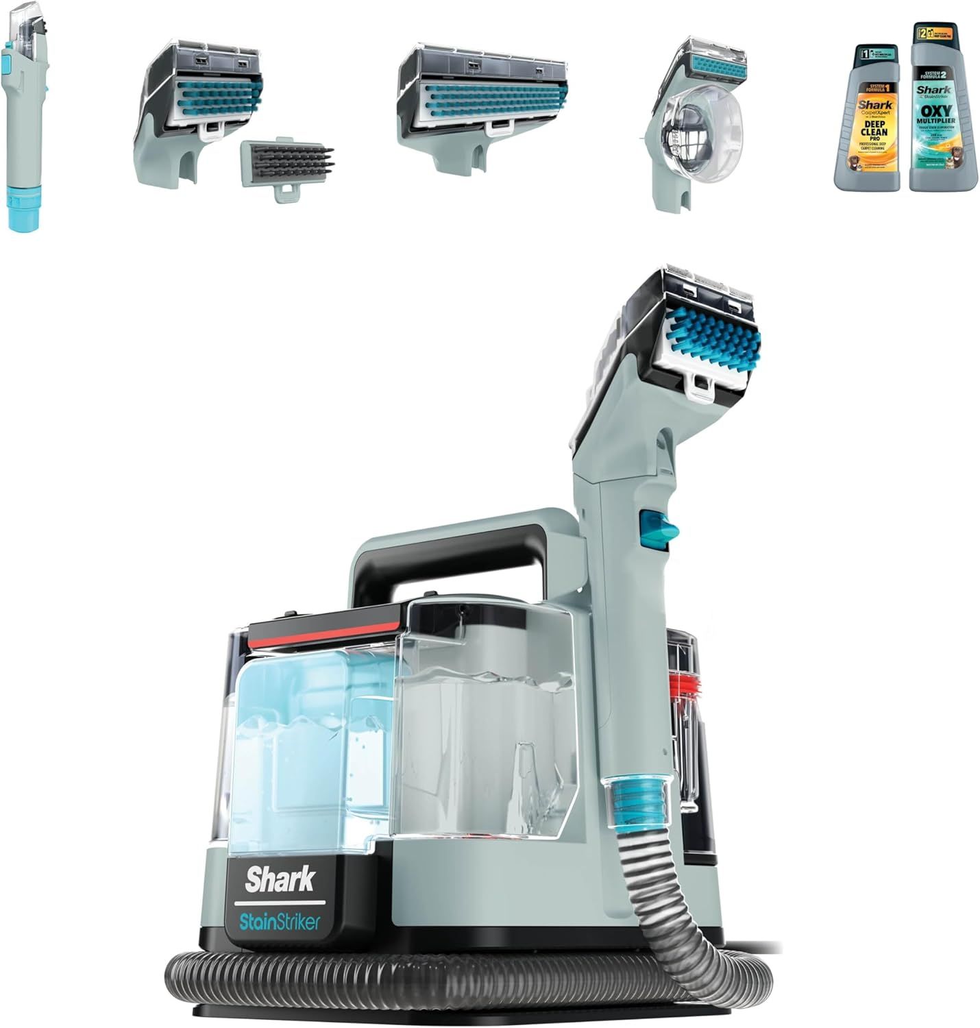 Displays the Shark StainStriker carpet cleaner as the core product with its key components and included accessories to show shoppers what they will receive and how the system works together. Shows…