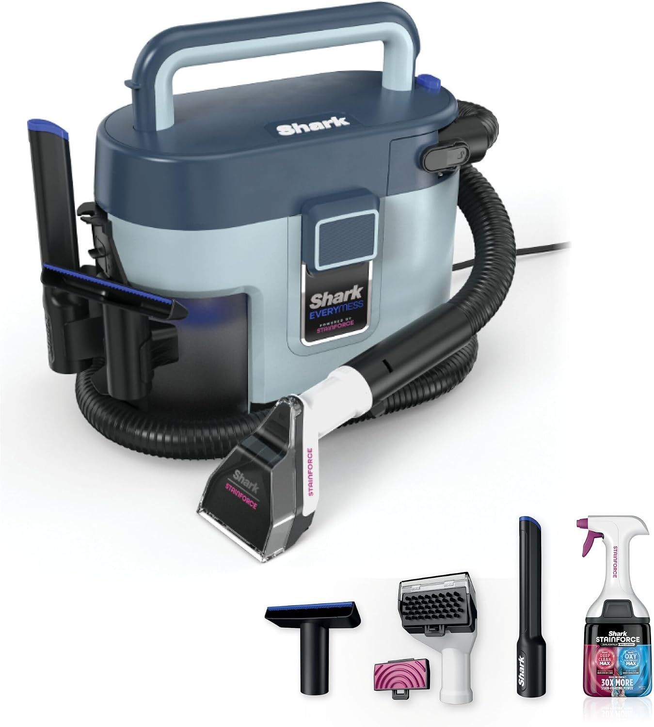 Shows the core Shark carpet cleaning system with its main unit, cleaning attachment, and hose to communicate what the buyer will receive as the primary product. Displays all the included accessories…