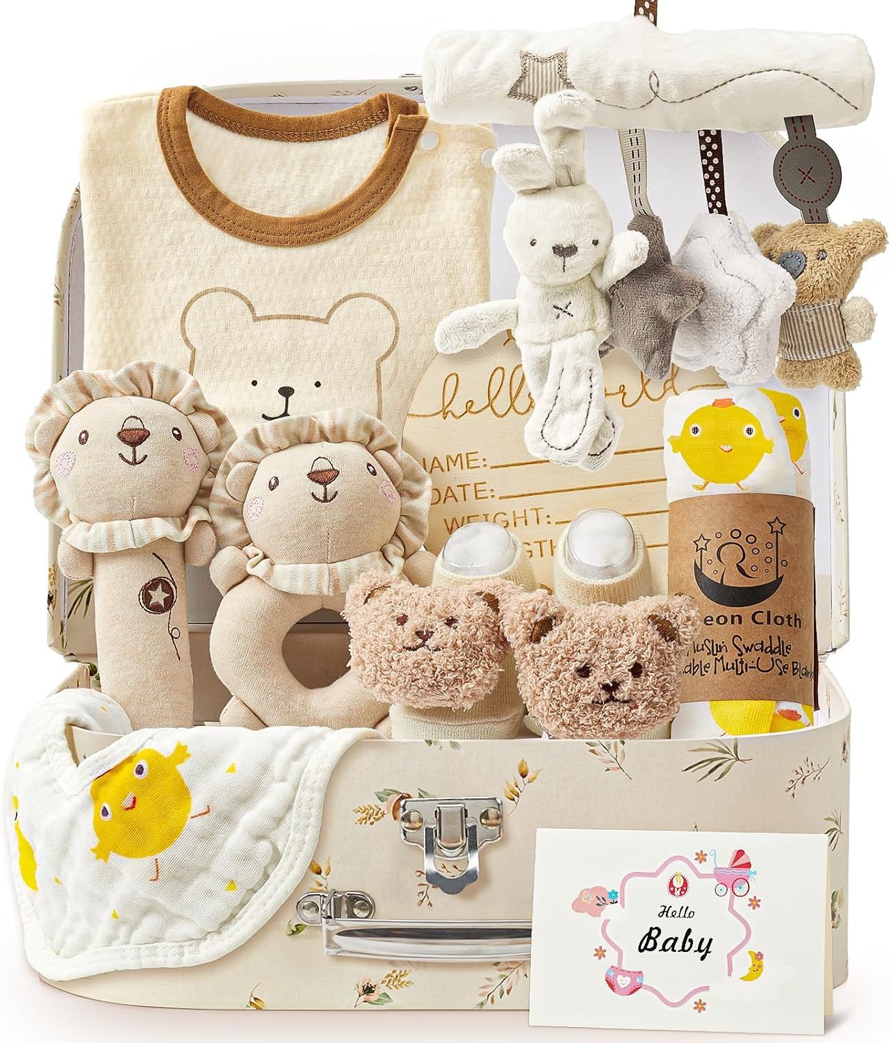 Displays a comprehensive baby gift set with all included items arranged in a decorative box to show shoppers the complete contents and value of the bundle. Shows the variety of included accessories…