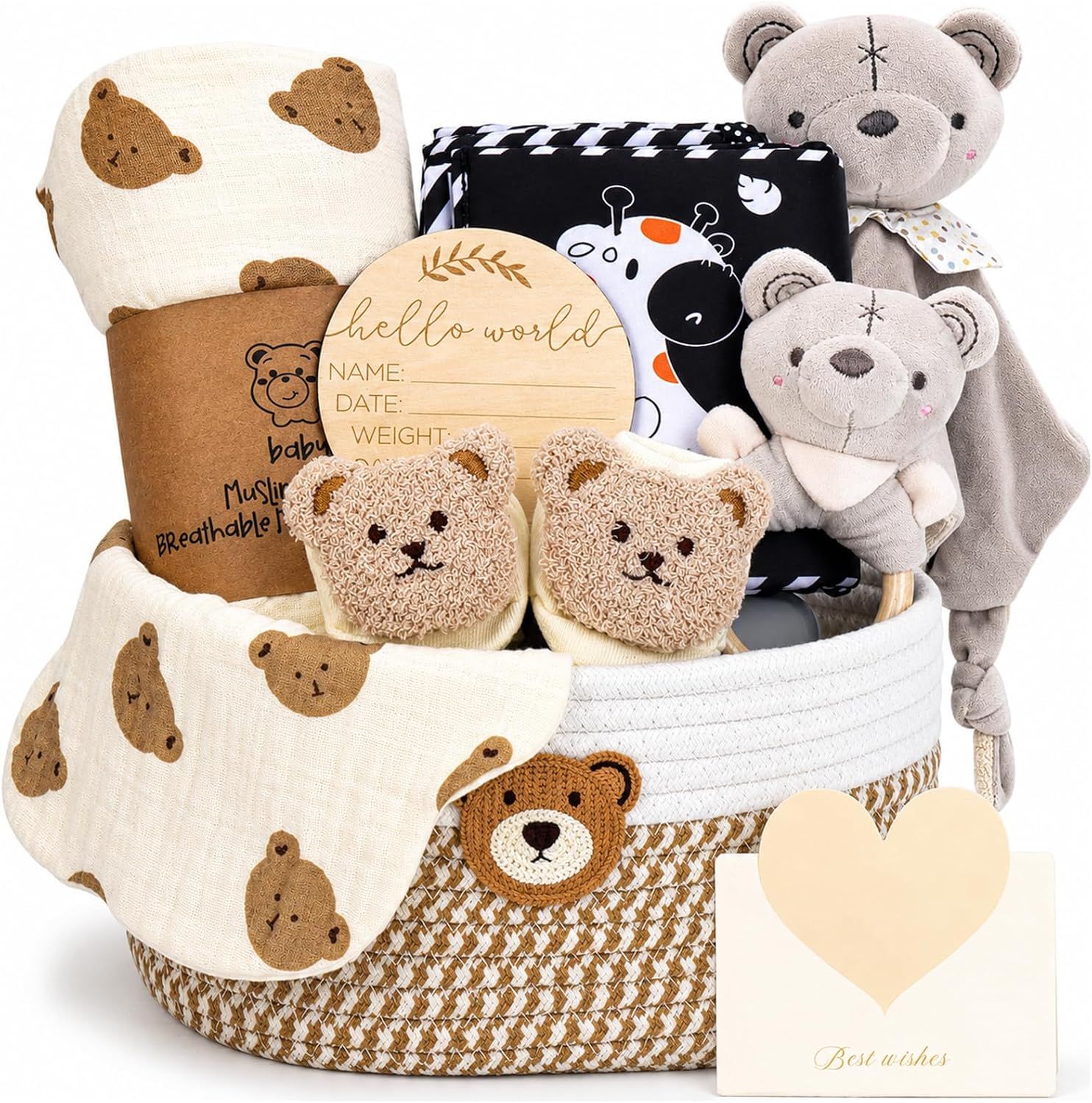 Displays a complete baby gift basket with multiple items including blankets, plush toys, baby slippers, and a wooden milestone plaque to show shoppers the full contents of the gift set they will…