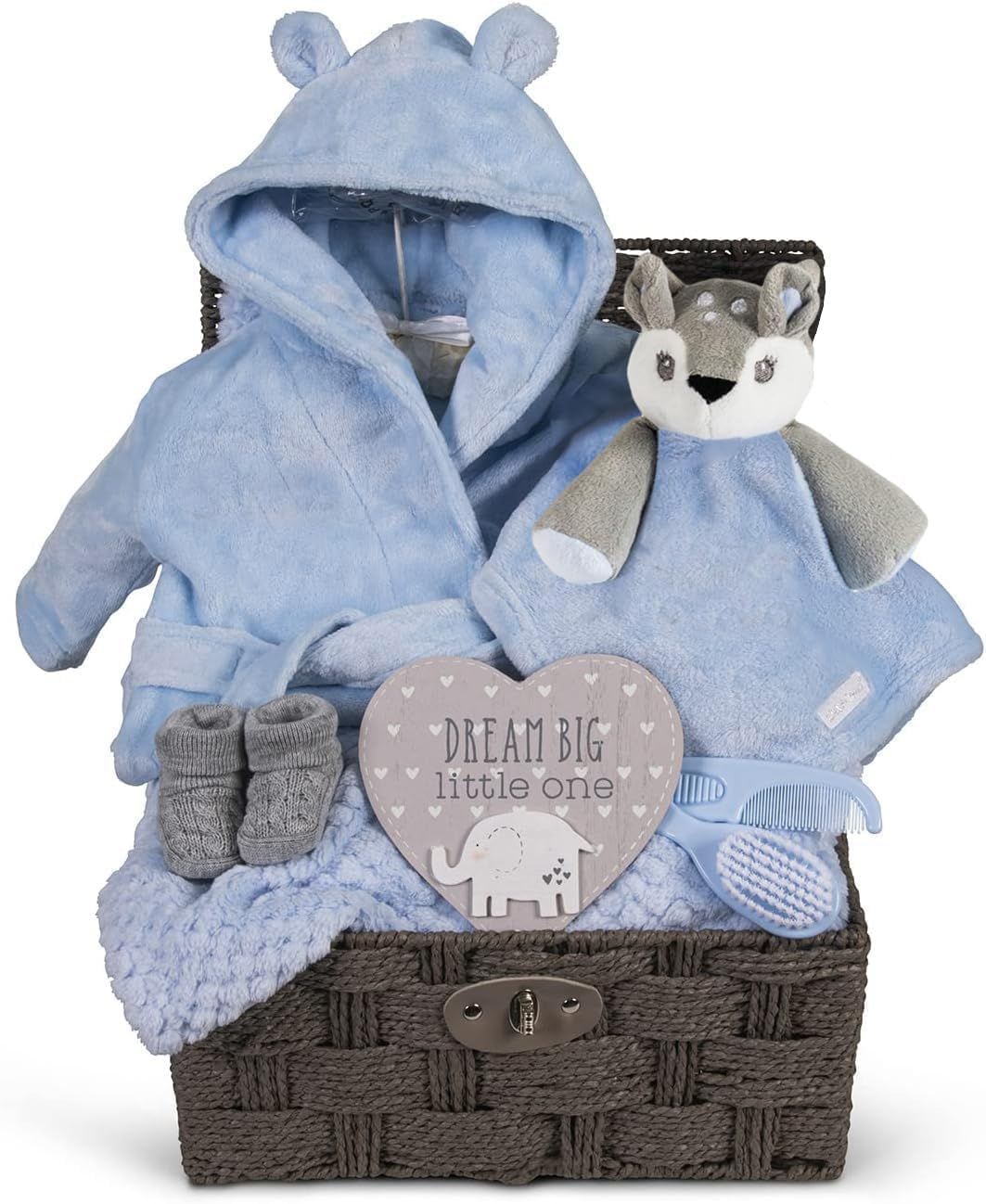 Displays the complete baby gift basket with all included items (robe, plush toy, blanket, booties, grooming accessories) to show shoppers the full value and contents of the set. Shows all the…