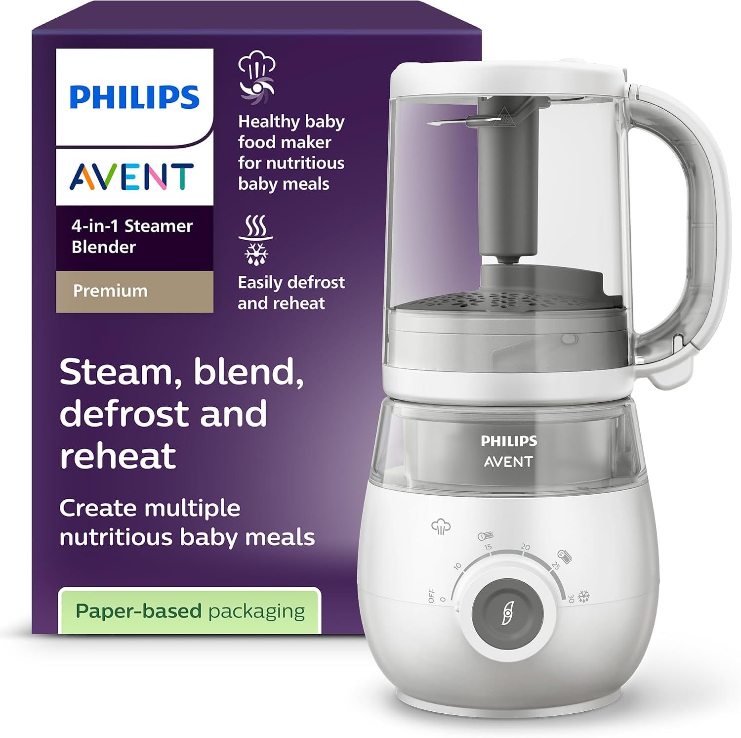 Displays the core Philips Avent baby food maker product clearly alongside its retail packaging to show shoppers exactly what they will receive and communicate the product's multi-function…