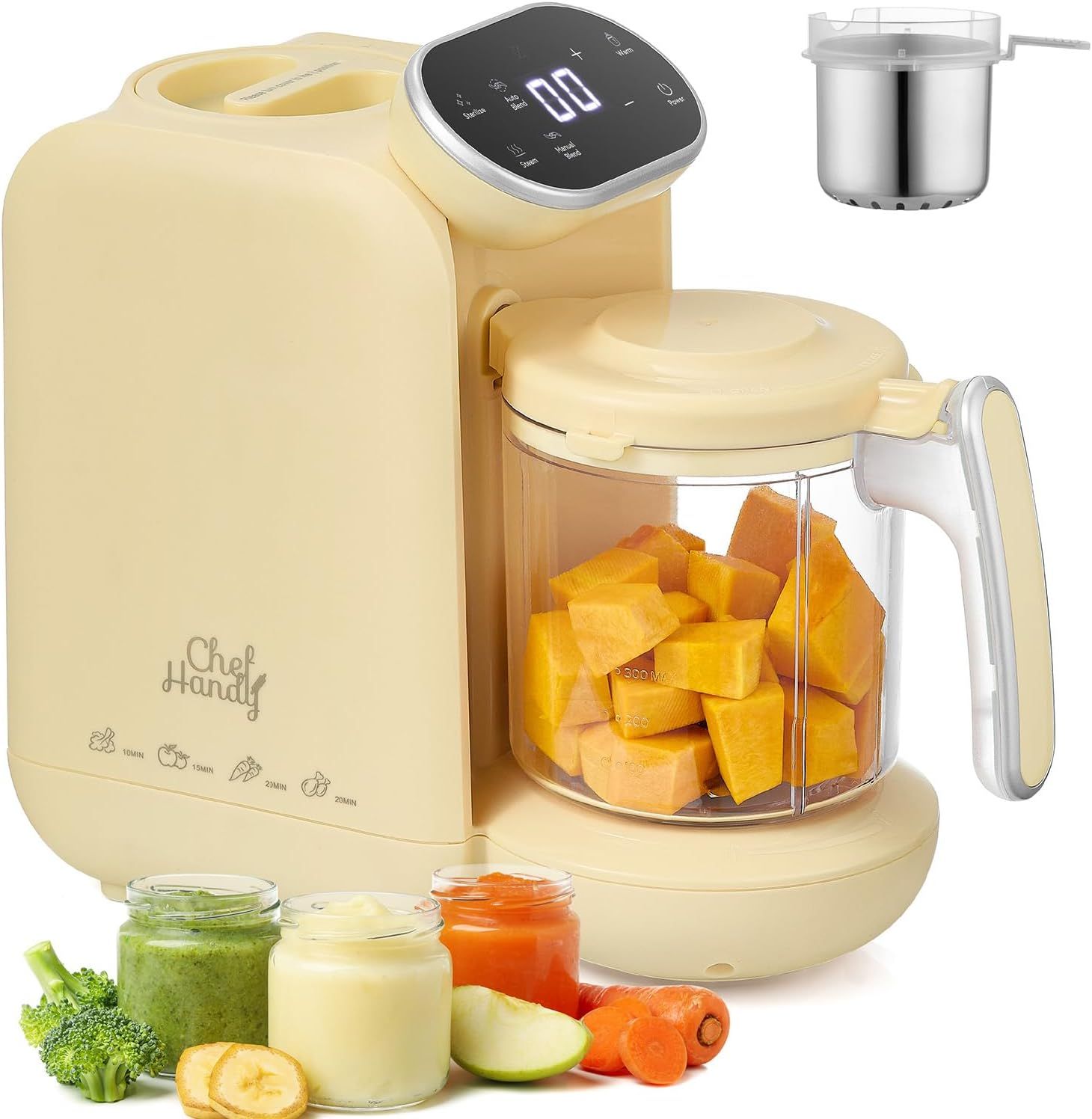 Shows the baby food maker with its included stainless steel steaming basket accessory to communicate that multiple components come with the purchase for different food preparation needs.…