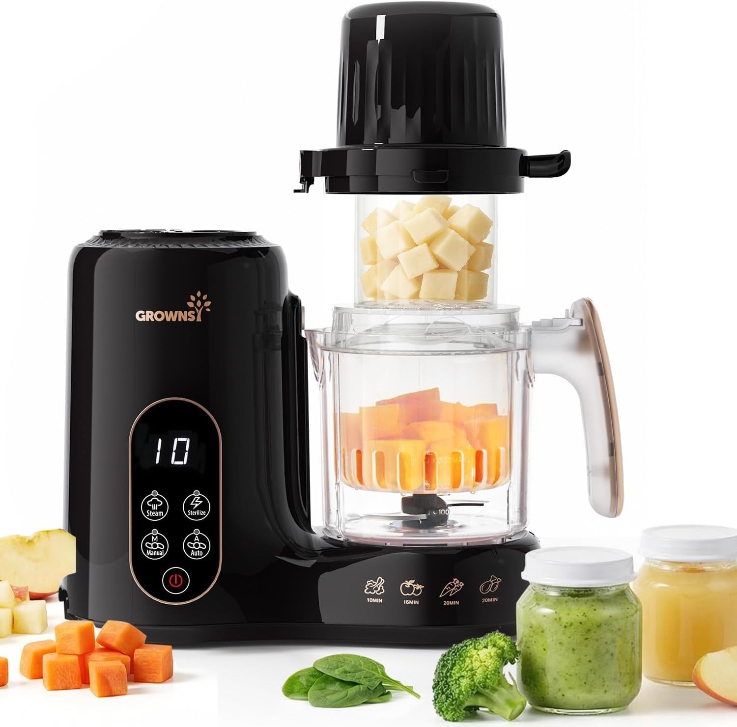 Shows the complete baby food maker system with its key components (steamer, blender, control panel) to communicate the product's all-in-one functionality for preparing fresh baby food. Demonstrates…