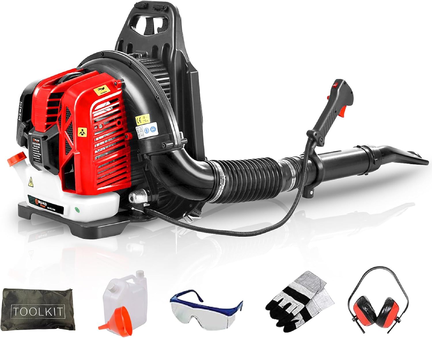 Displays the core product, a backpack-style leaf blower with red engine housing and black hose, clearly showing its design and construction to help shoppers understand what they are purchasing.…