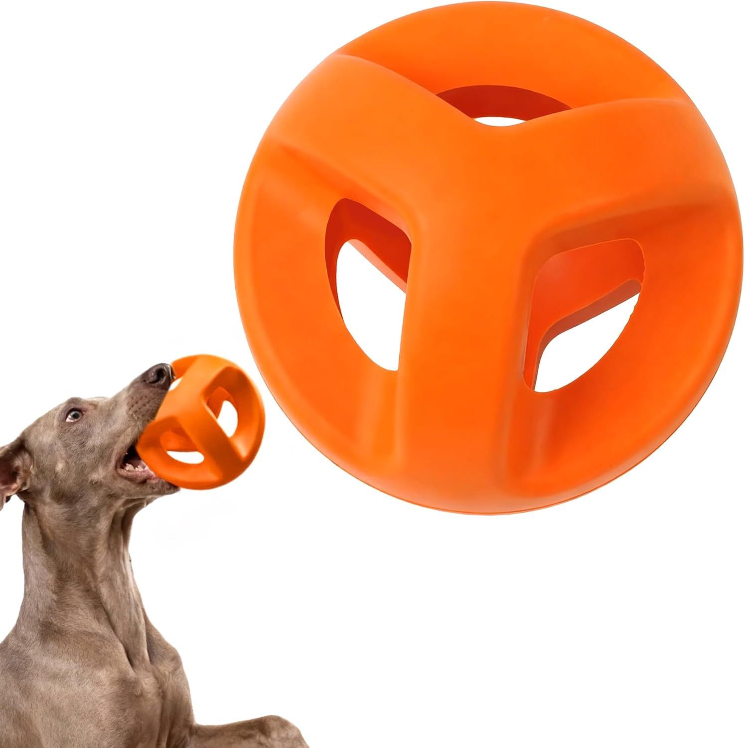 Shows a dog actively playing with the toy to demonstrate its interactive nature and provide scale reference for potential buyers. Demonstrates the product in use as a dog toy and shows two size…