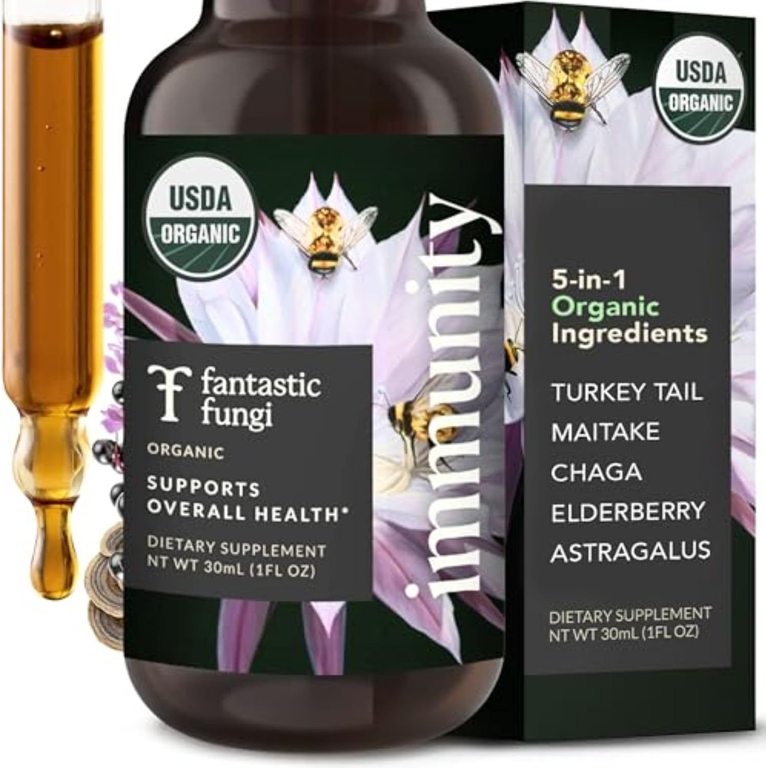 Displays the core product—a dietary supplement bottle with its retail packaging—to show shoppers exactly what they will receive and communicate the organic, multi-ingredient health benefits. Shows…