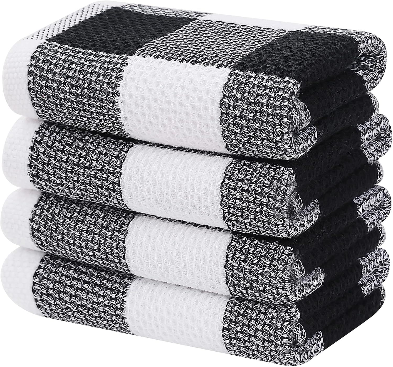 Displays the core product as a neatly stacked set of four black and white checkered towels, showing the buyer exactly what they will receive and the attractive pattern design.