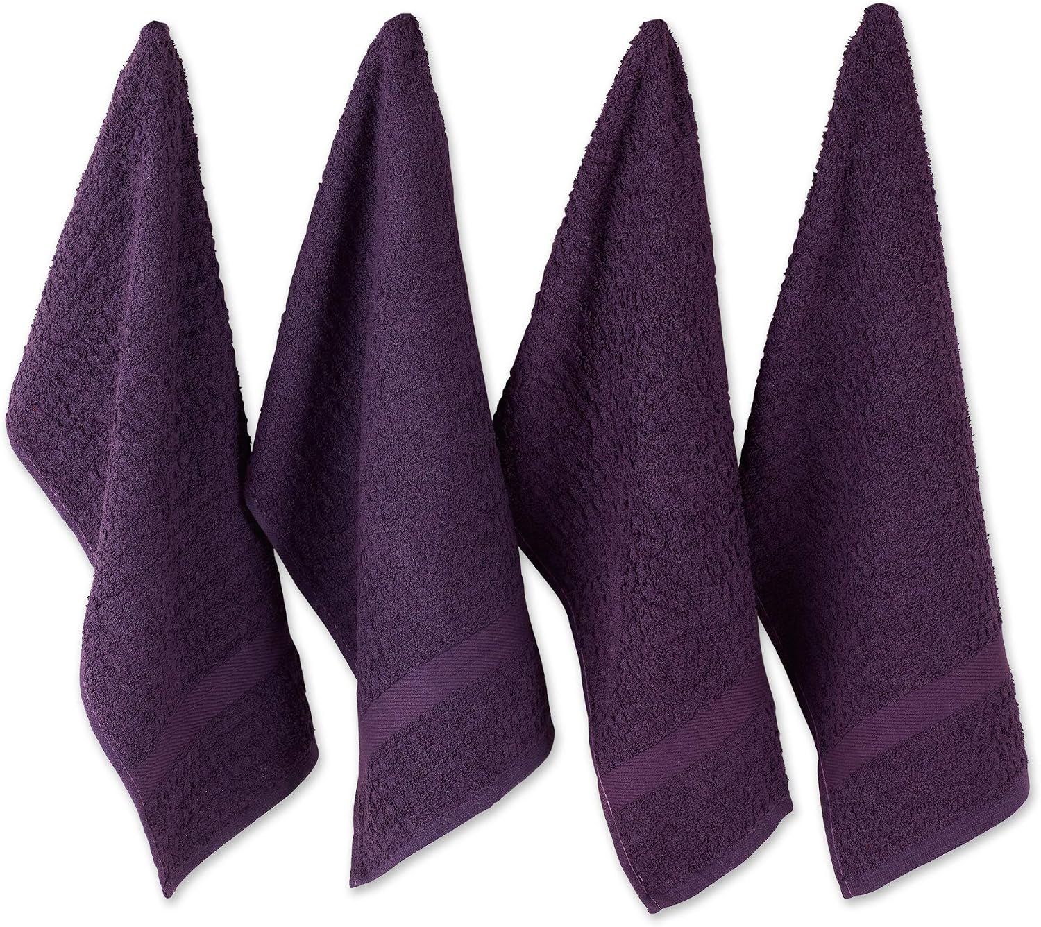 Displays the core product as a 4-piece towel set in deep purple color, showing the texture and quality of the fabric to help shoppers understand what they will receive. Uses subtle drop shadows…
