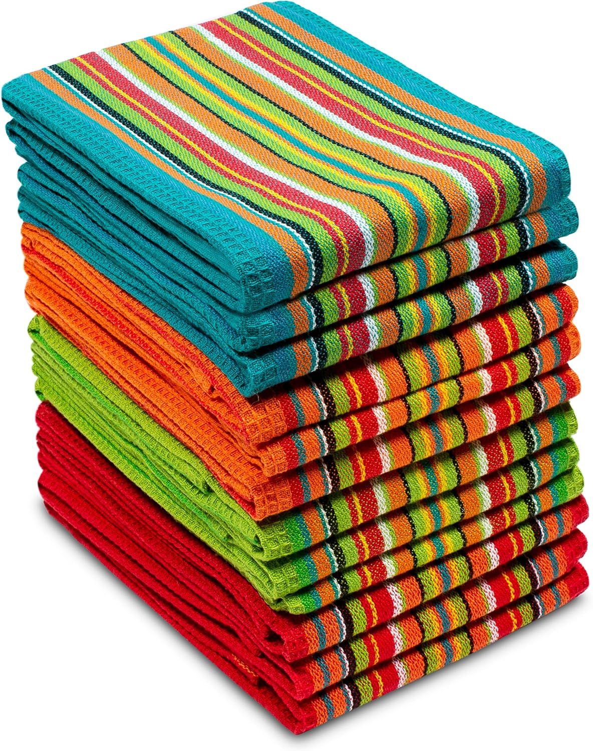 Displays the core product—a set of vibrant, multi-colored kitchen towels—clearly showing the variety of colors and striped pattern included in the purchase.