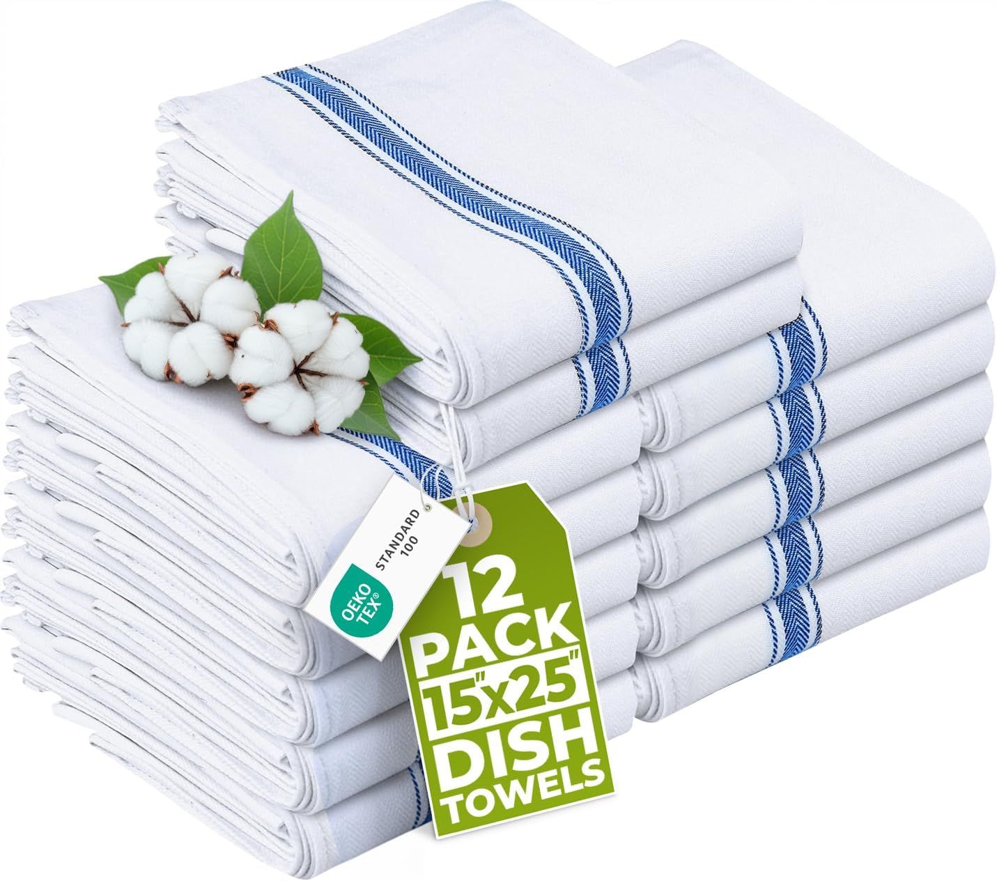 Displays the core product—a 12-pack of white dish towels with blue stripe detailing—clearly showing the quantity and design to help shoppers understand what they are purchasing. Uses a graphic hang…