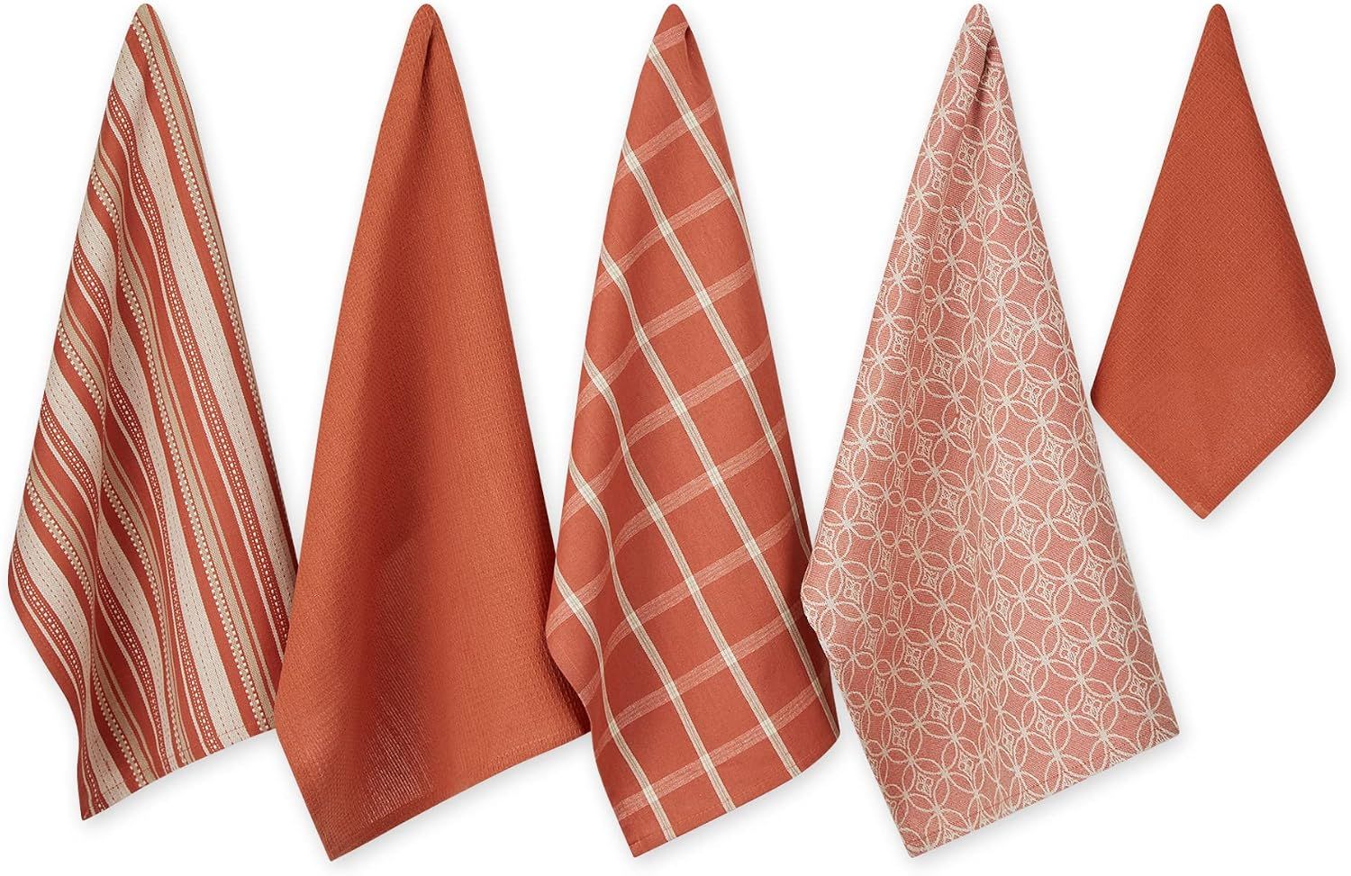 Displays the core product set of five kitchen towels in coordinating terracotta patterns, showing the buyer exactly what designs are included in the purchase. Showcases the different pattern options…