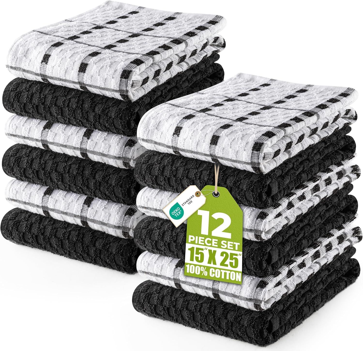 Displays the complete 12-piece kitchen towel set in two color variations to show the buyer exactly what they will receive, emphasizing the quantity and coordinated design. The green hang tag overlay…