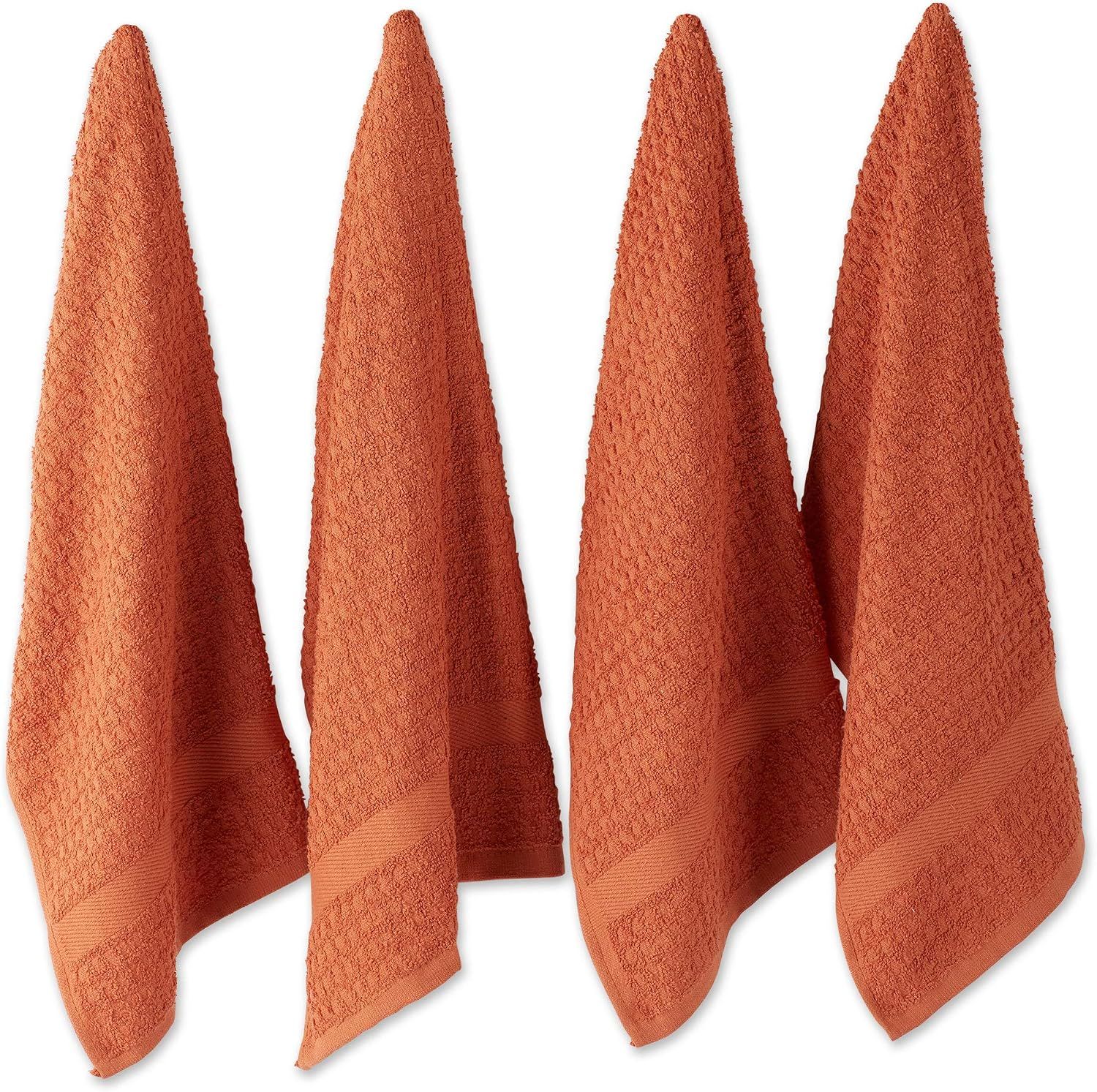 Displays the core product as a set of four identical kitchen towels in a clean catalog style, allowing shoppers to see the texture, color, and quantity included in the purchase.