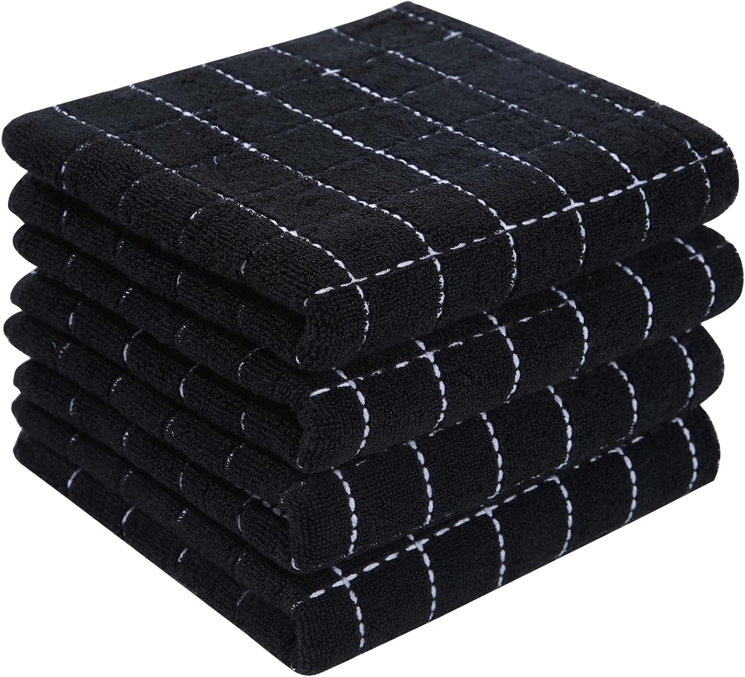 Displays the core product as a stack of black kitchen towels with white striped pattern, showing the quantity and design to help shoppers understand what they will receive. Uses a subtle drop shadow…