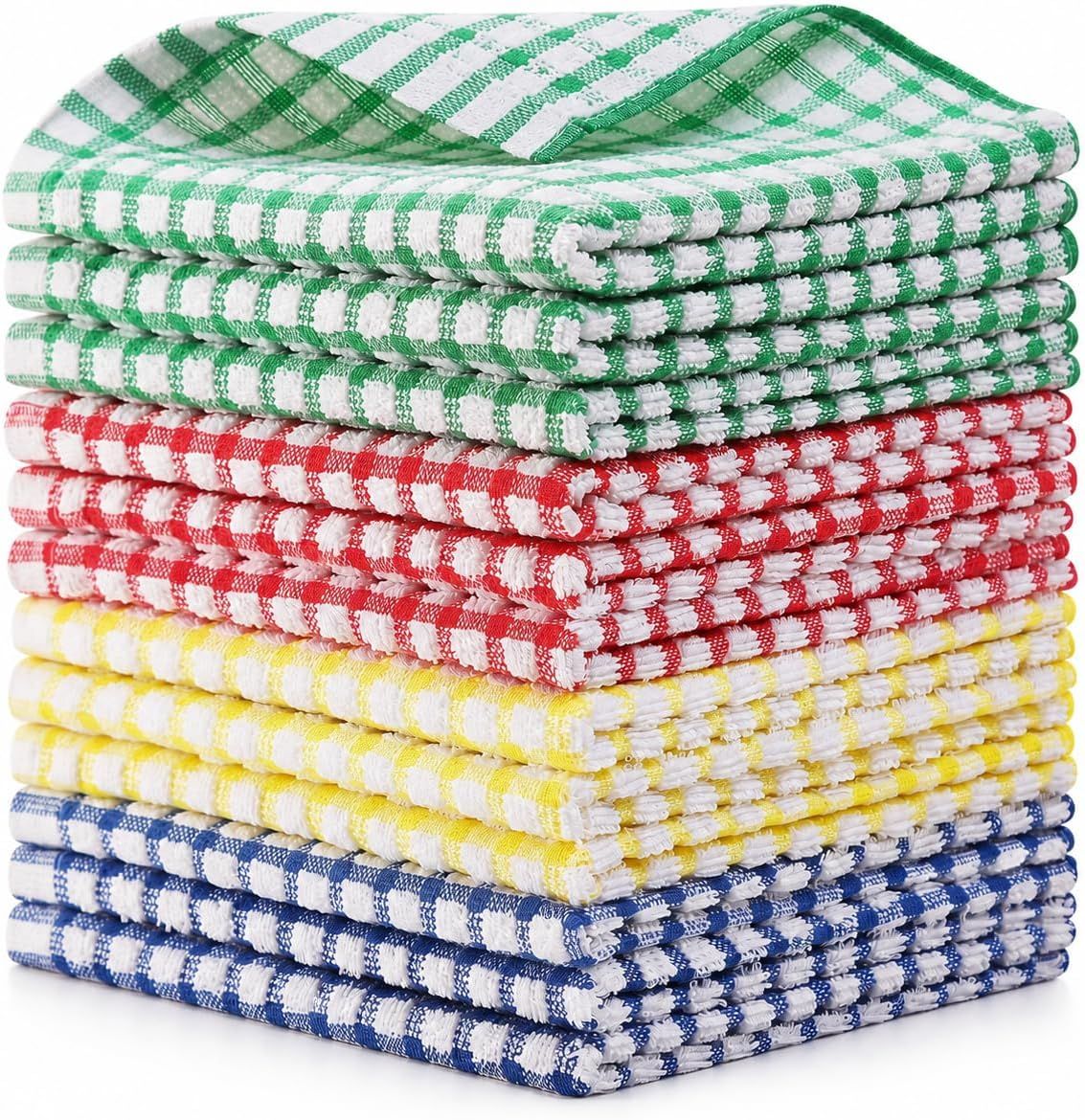Displays the core product—a set of checkered kitchen towels—in a clean, catalog-style presentation to show the buyer exactly what they will receive. Shows the available color options (green, red,…