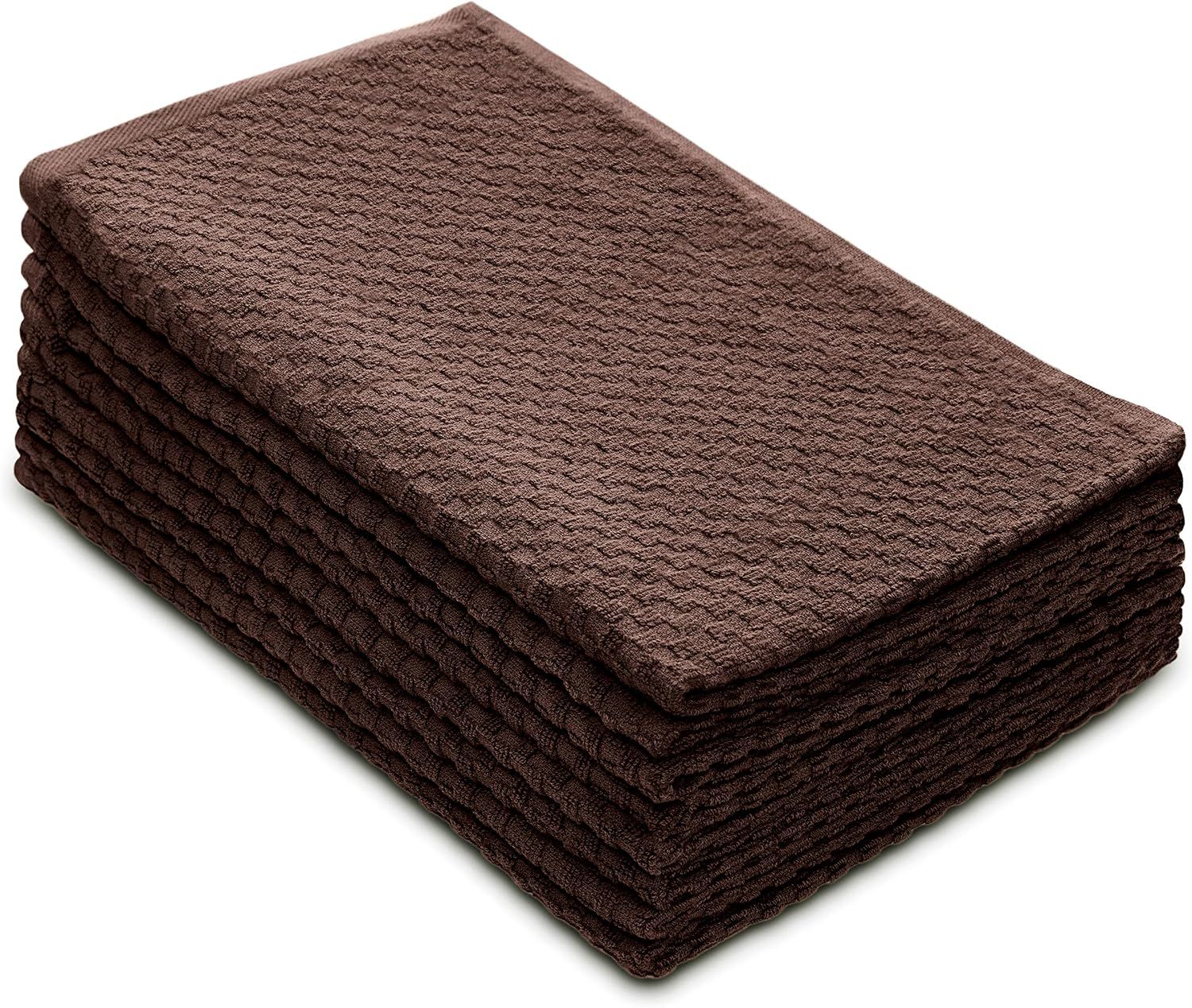 Displays the core product as a neatly stacked multi-pack of brown textured towels or cloths, showing the quantity and quality of the fabric to reassure buyers of the value and texture. Uses a subtle…