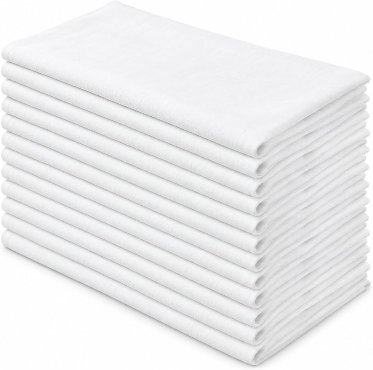 Shows a large stack of white towels to communicate the multi-pack quantity and value, reassuring buyers they are getting multiple units in one purchase.