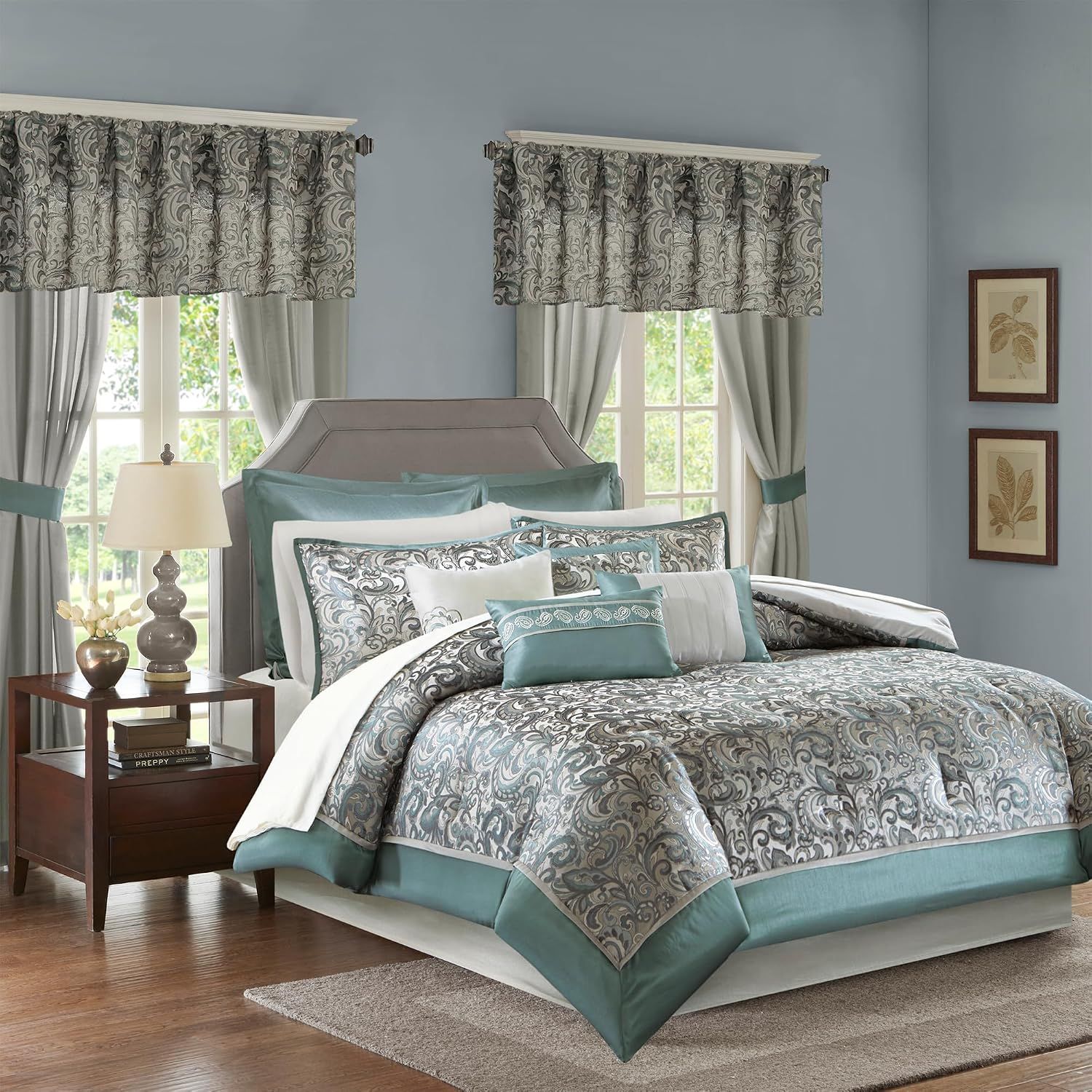 Showcases the complete bedding ensemble including comforter, pillows, and coordinating window valances and curtains to help shoppers visualize the full decorative set and its cohesive design.…