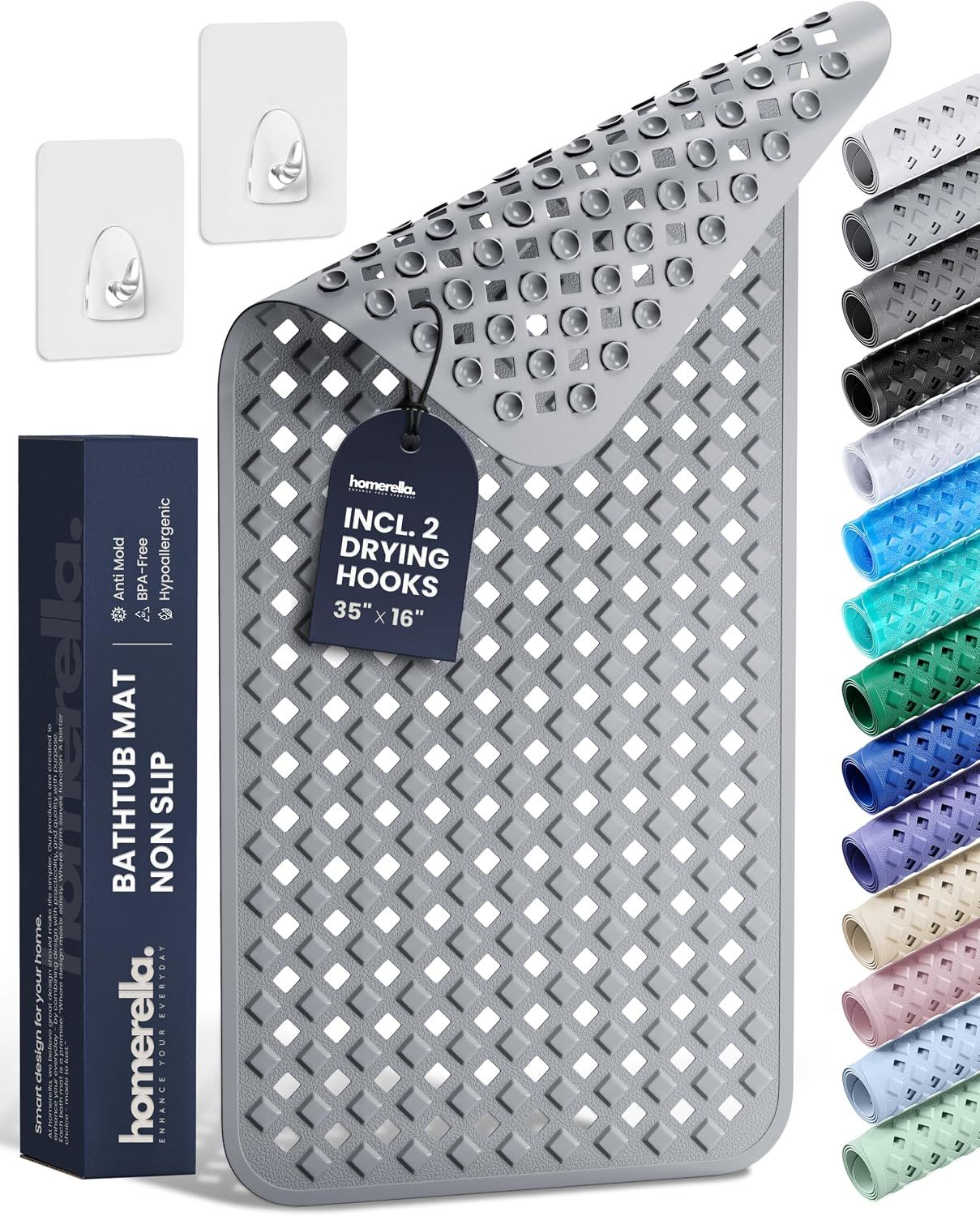 Shows the core product - a textured bathtub mat with drainage holes - along with included accessories to communicate what the buyer receives. Demonstrates that the purchase includes bonus…