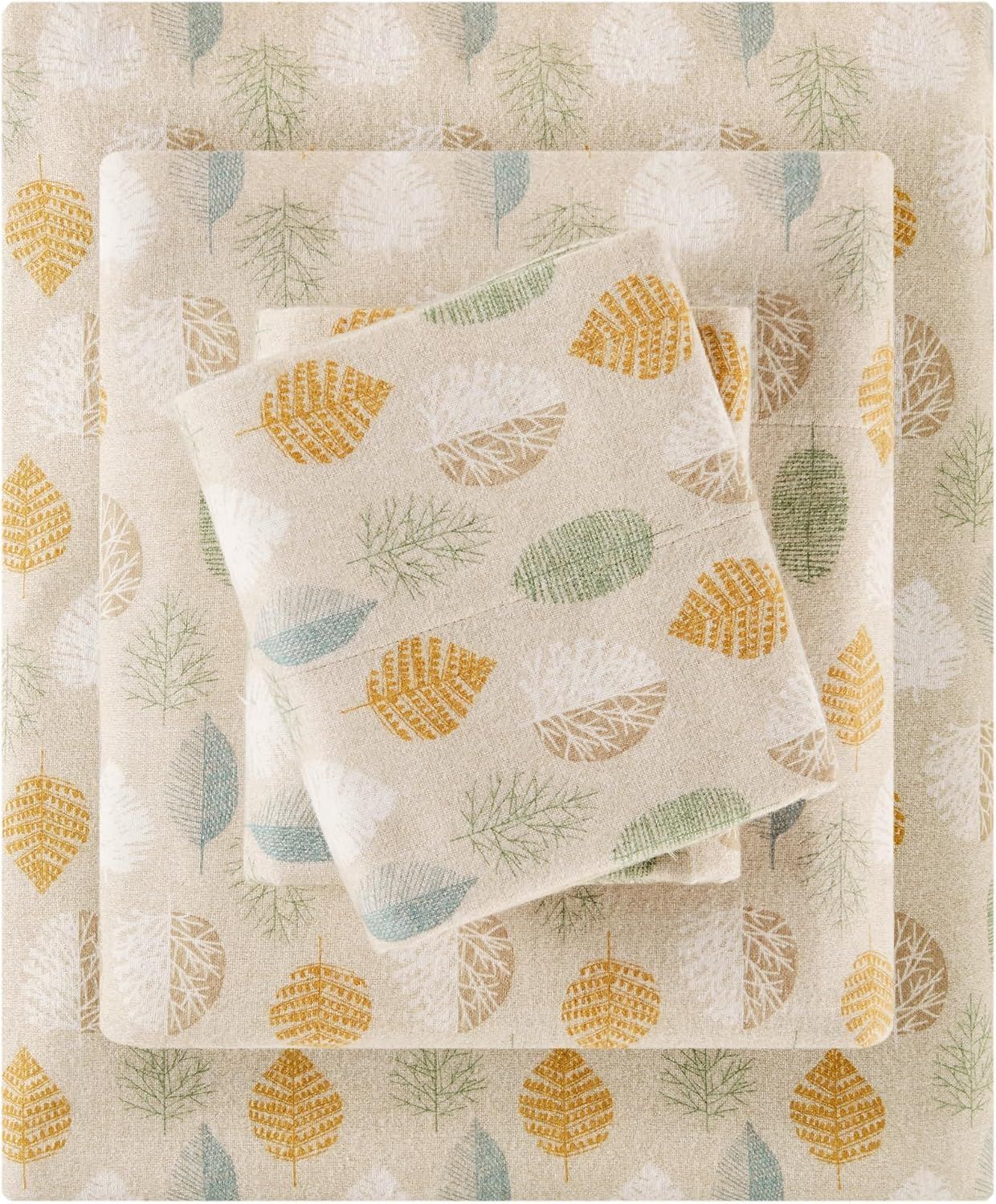 Displays the towel set with its decorative autumn leaf pattern in multiple sizes to show the buyer what they will receive and how the design looks across different towel dimensions. Shows the…