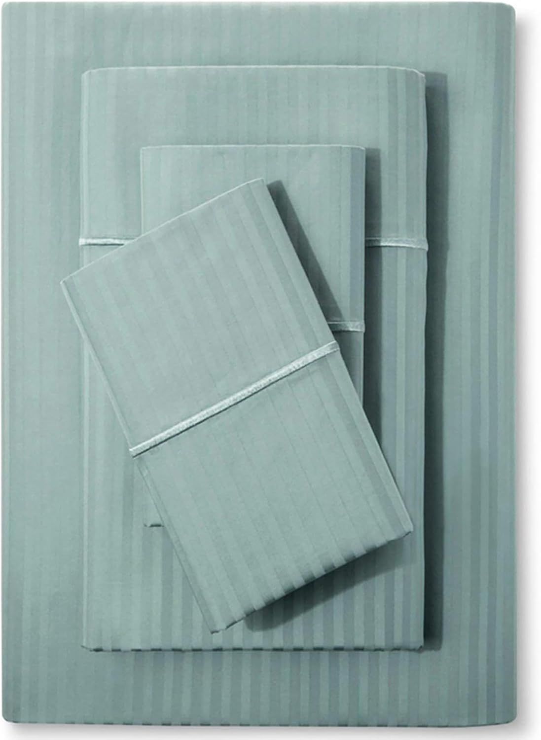 Displays the full sheet set including fitted sheet, flat sheet, and pillowcase(s) to show the buyer exactly what is included in the purchase and the coordinated striped pattern across all pieces.…