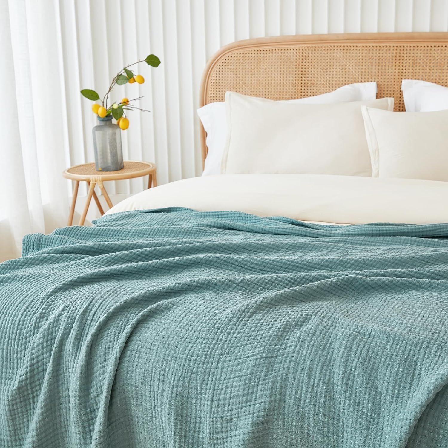 Displays the core bedding product in a styled bedroom setting to show the shopper what the product looks like on a bed and how it coordinates with other bedding elements. Shows the product in a…