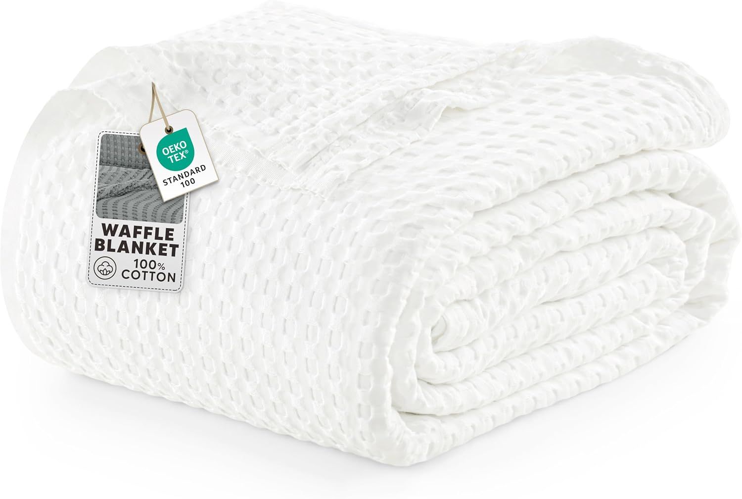 Displays the core product, a white waffle-textured cotton blanket, in a clean catalog style to show its texture and quality. Shows the retail hang tag that communicates key product details like…