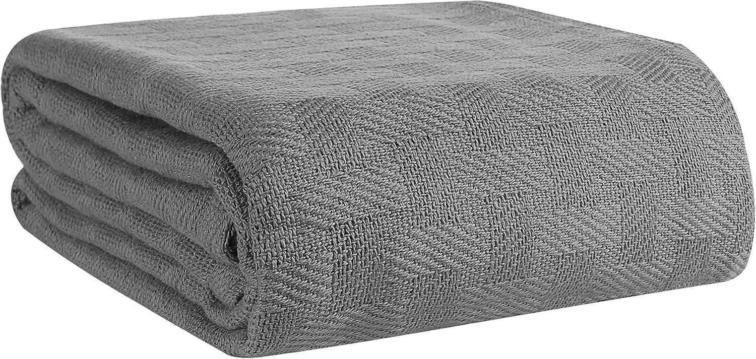 Displays the core product, a gray textured blanket, in a clean folded state to show its quality, texture, and appearance to shoppers.