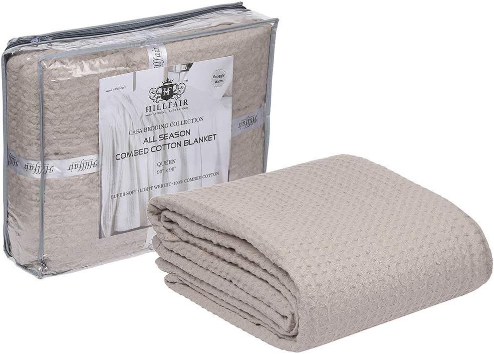 Displays the core product, a folded combed cotton blanket, to show the shopper what they will receive. Shows the retail packaging alongside the product to communicate how the blanket is delivered…