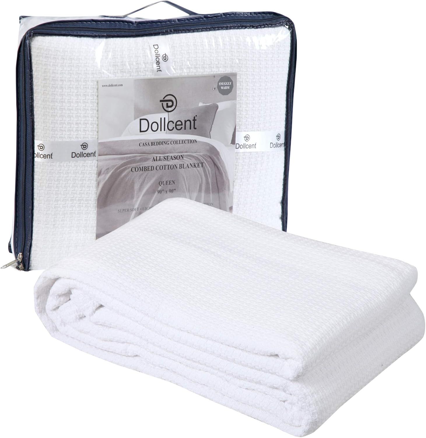 Displays the core product, a white combed cotton blanket, clearly showing its texture and quality to help shoppers understand what they are purchasing. Shows the retail packaging with a clear…