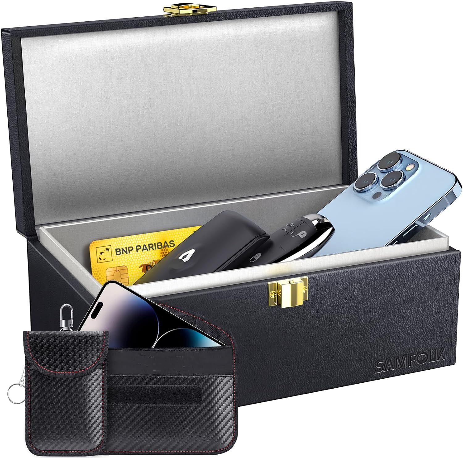 Shows the core product - a luxury storage box with signal-blocking Faraday pouches designed to securely store phones, keys, cards, and other valuables while blocking electronic signals. Demonstrates…